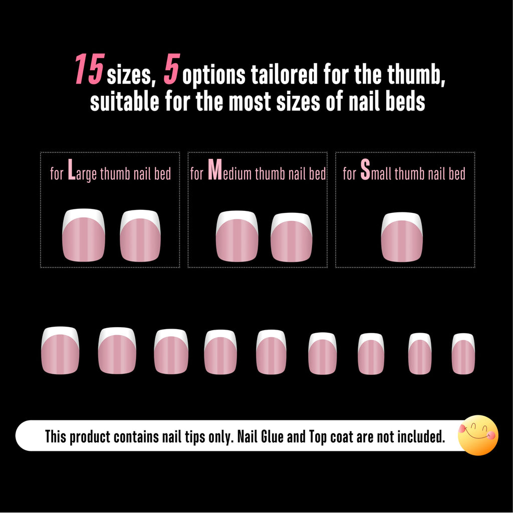 NOVO OVO Berry Pink Short Square Round French Tip Nails – 240 Pcs, 15 Sizes