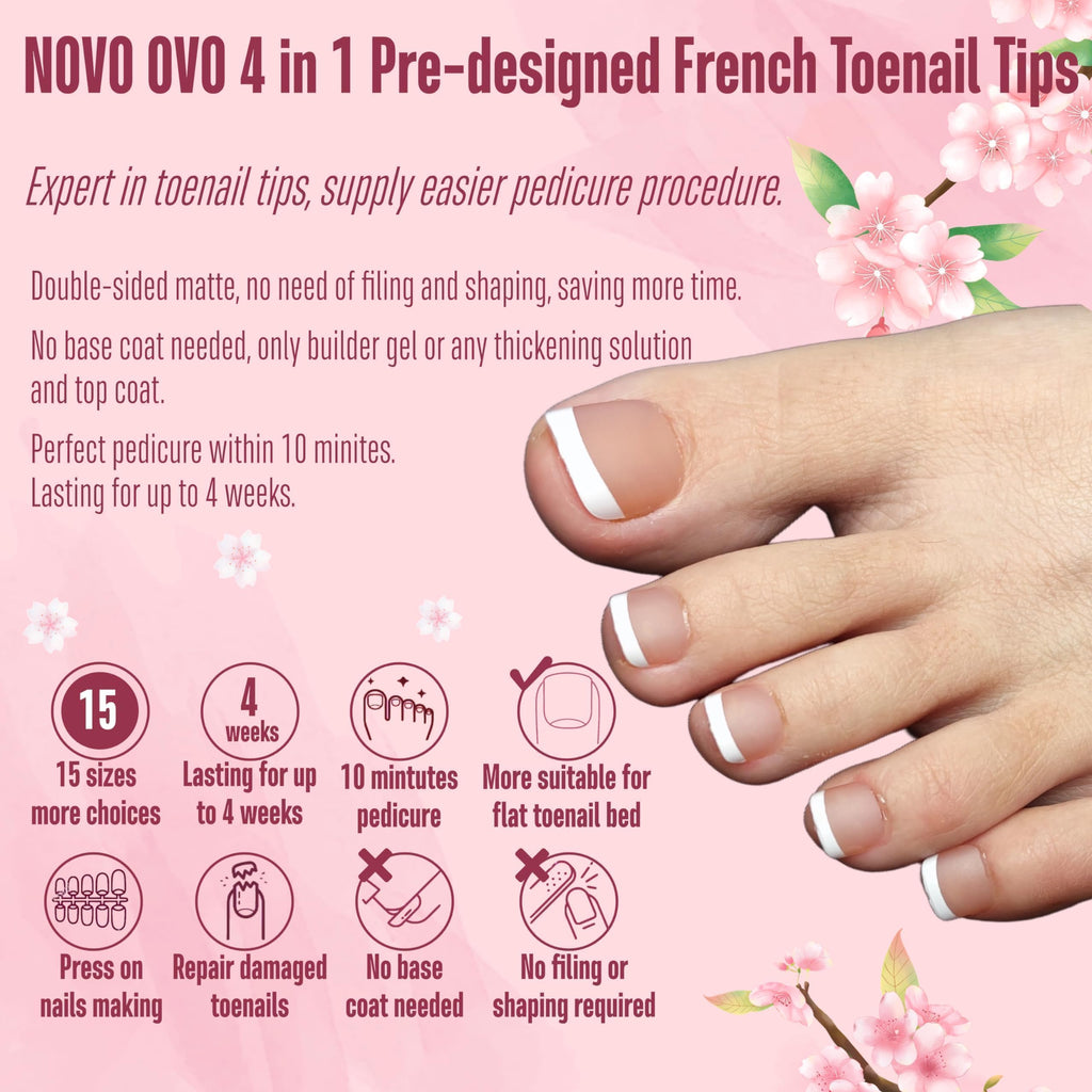 NOVO OVO Fake Toe Nail Tips – French Tip Soft Gel Pedicure Kit, 360Pcs, 15 Sizes, Matte Full Cover