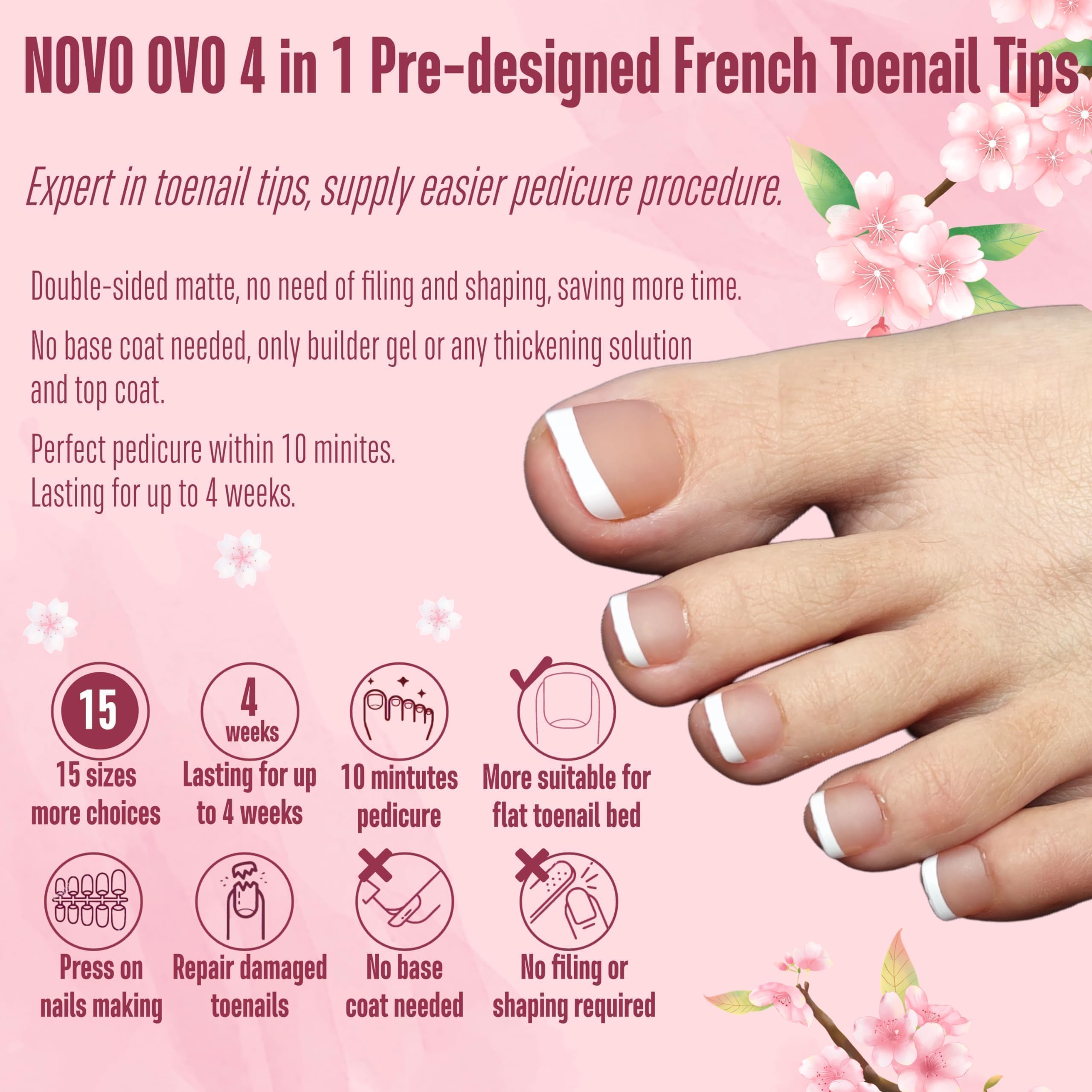 NOVO OVO Fake Toe Nail Tips – French Tip Soft Gel Pedicure Kit, 360Pcs, 15 Sizes, Matte Full Cover