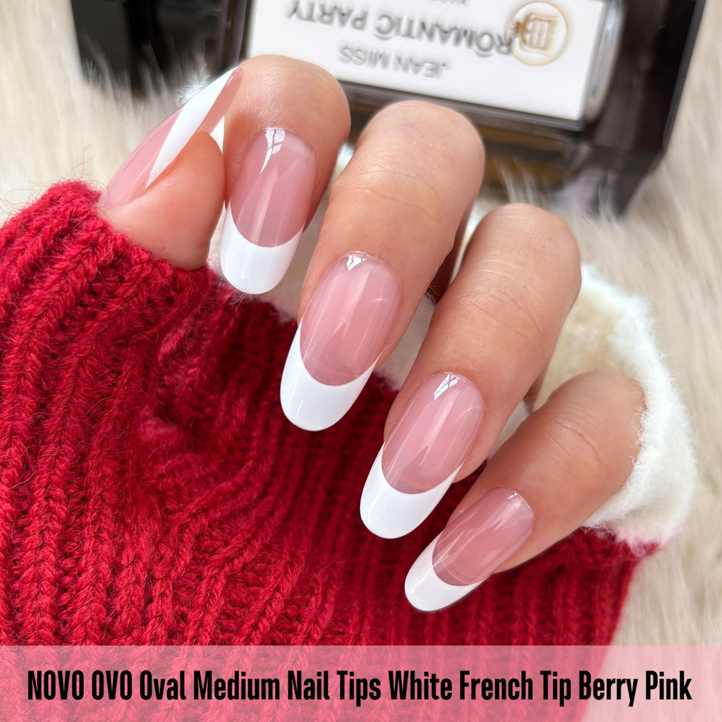NOVO OVO White French Tip Oval Nails Berry Pink – Extra Thick Soft Gel Press-On, No Glue, 240 pcs, 15 sizes