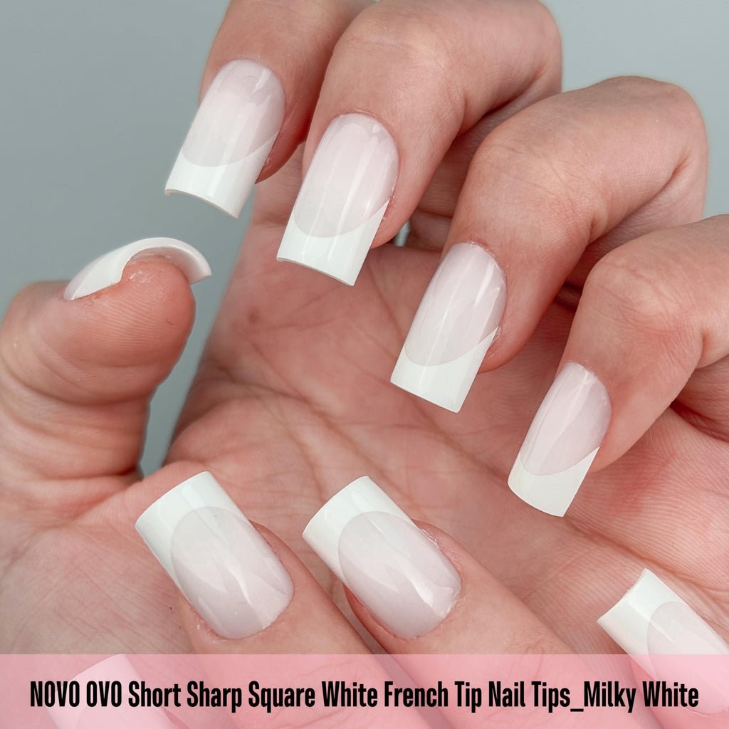 NOVO OVO Milky White Short Sharp Square French Tip Nails – Press-On Soft Gel Tips, 15 Sizes, 240 pcs