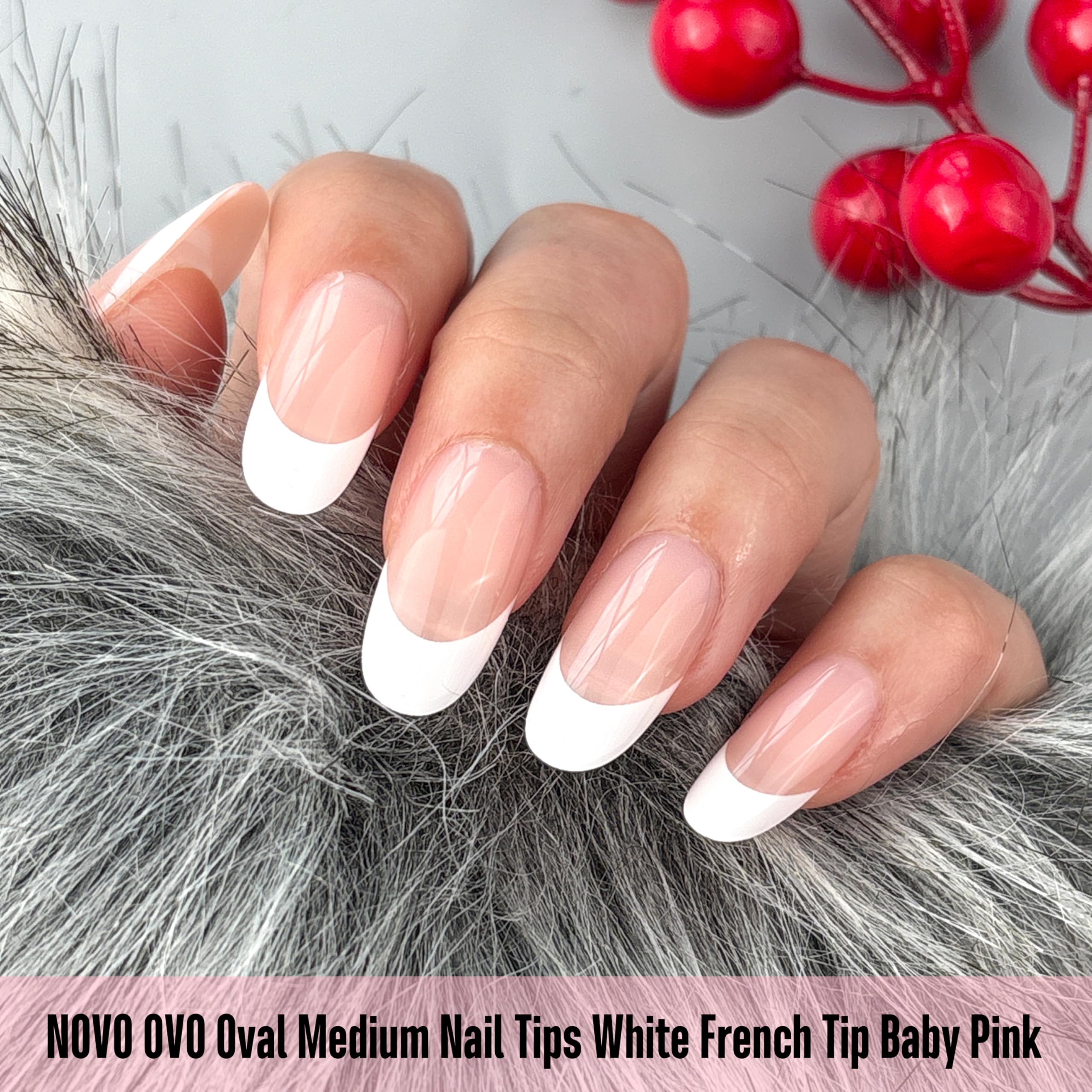 NOVO OVO White French Tip Oval Nail Tips – Baby Pink Press-On, Extra Thick Soft Gel, 240 pcs, 15 Sizes