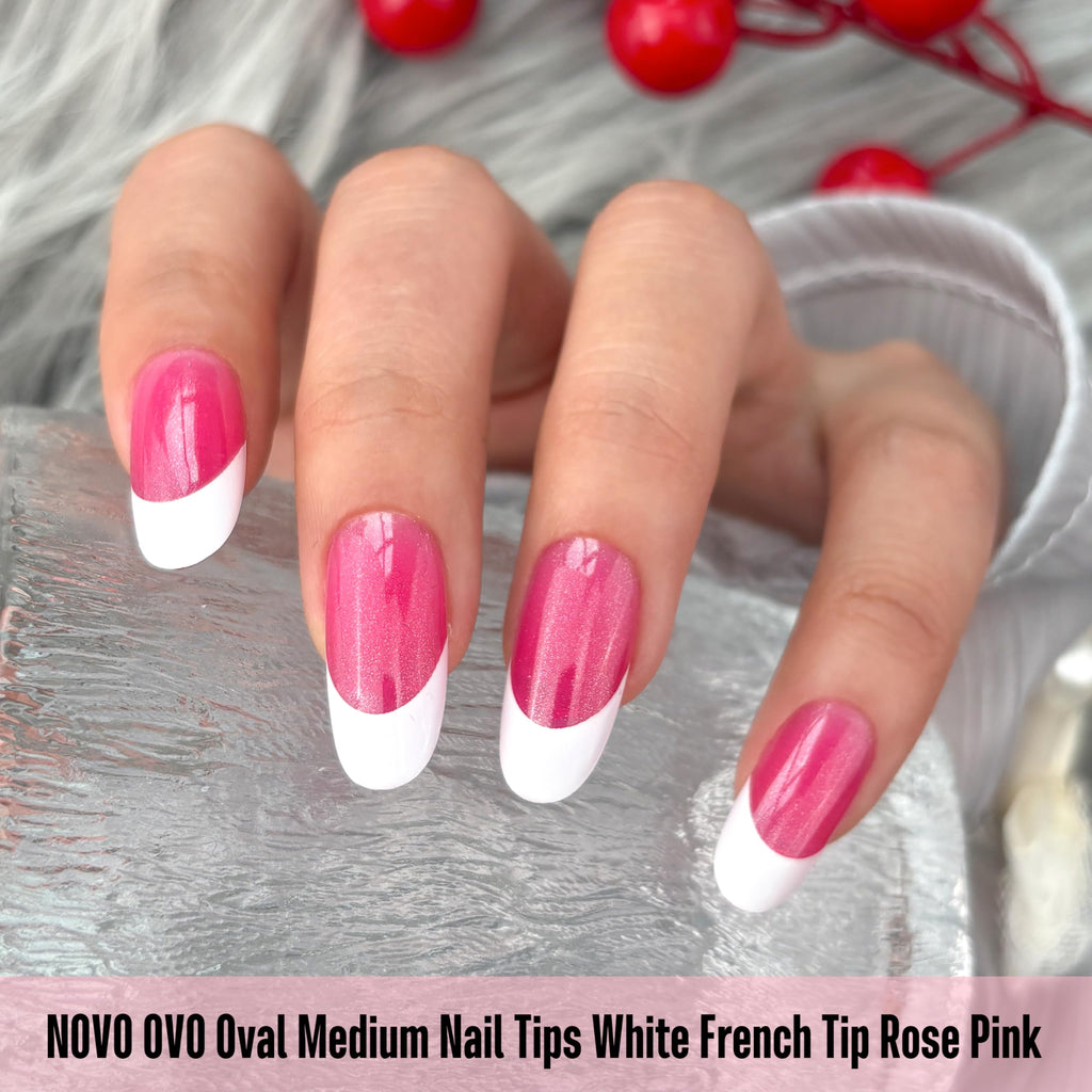 NOVO OVO White French Tip Oval Nail Tips – Rose Pink, Extra Thick Soft Gel, 15 Sizes, 240 pcs (No Glue Included)