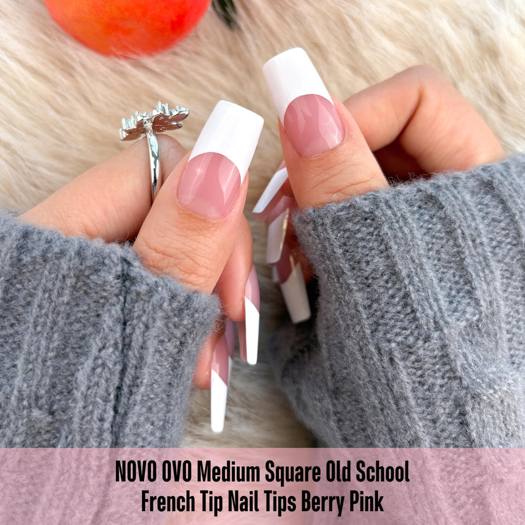 NOVO OVO Old School Wide White French Tip Nail Tips – Press On, Extra Thick Soft Gel, 15 Sizes, 240 pcs