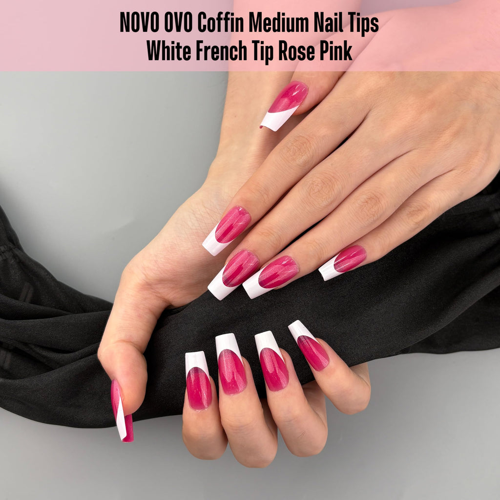 NOVO OVO White French Tip Coffin Nails – Rose Pink, Extra Thick Soft Gel Press-On, 15 Sizes x 240 pcs