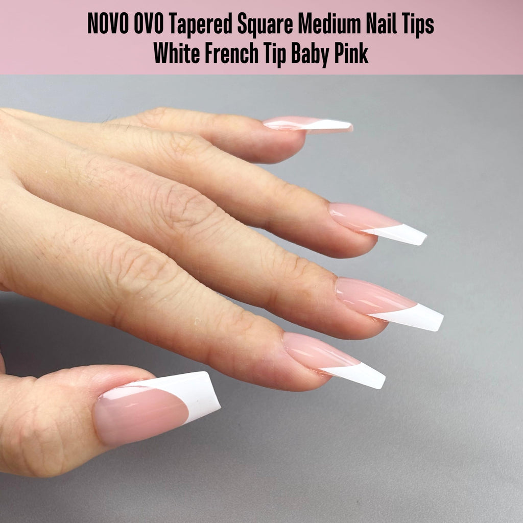 NOVO OVO White French Tip Medium Coffin Nail Tips – Baby Pink, Extra Thick Soft Gel, 240 pcs (15 Sizes)