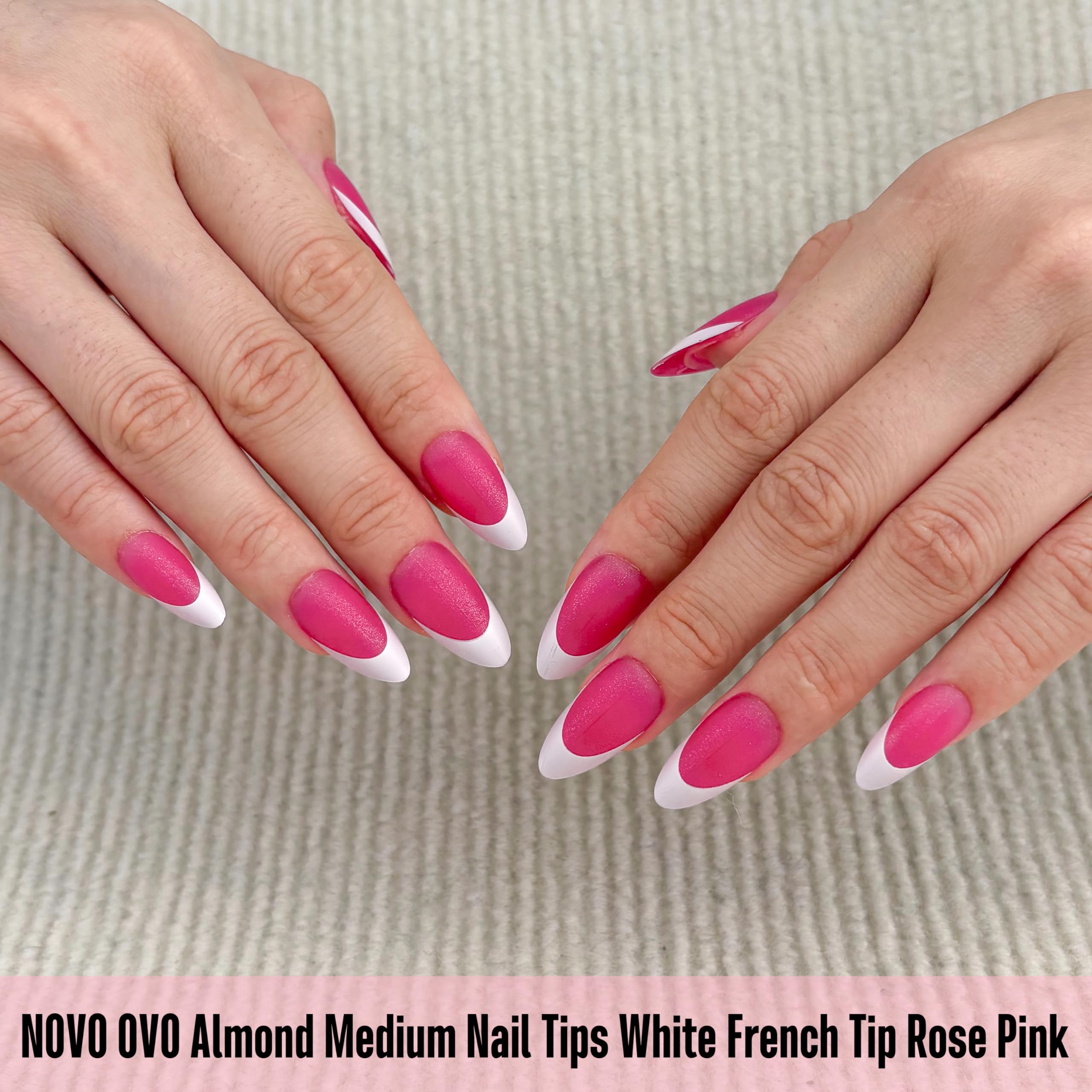 NOVO OVO White French Tip Almond Nail Tips – Rose Pink, Extra Thick Soft Gel Press-On (240 pcs)