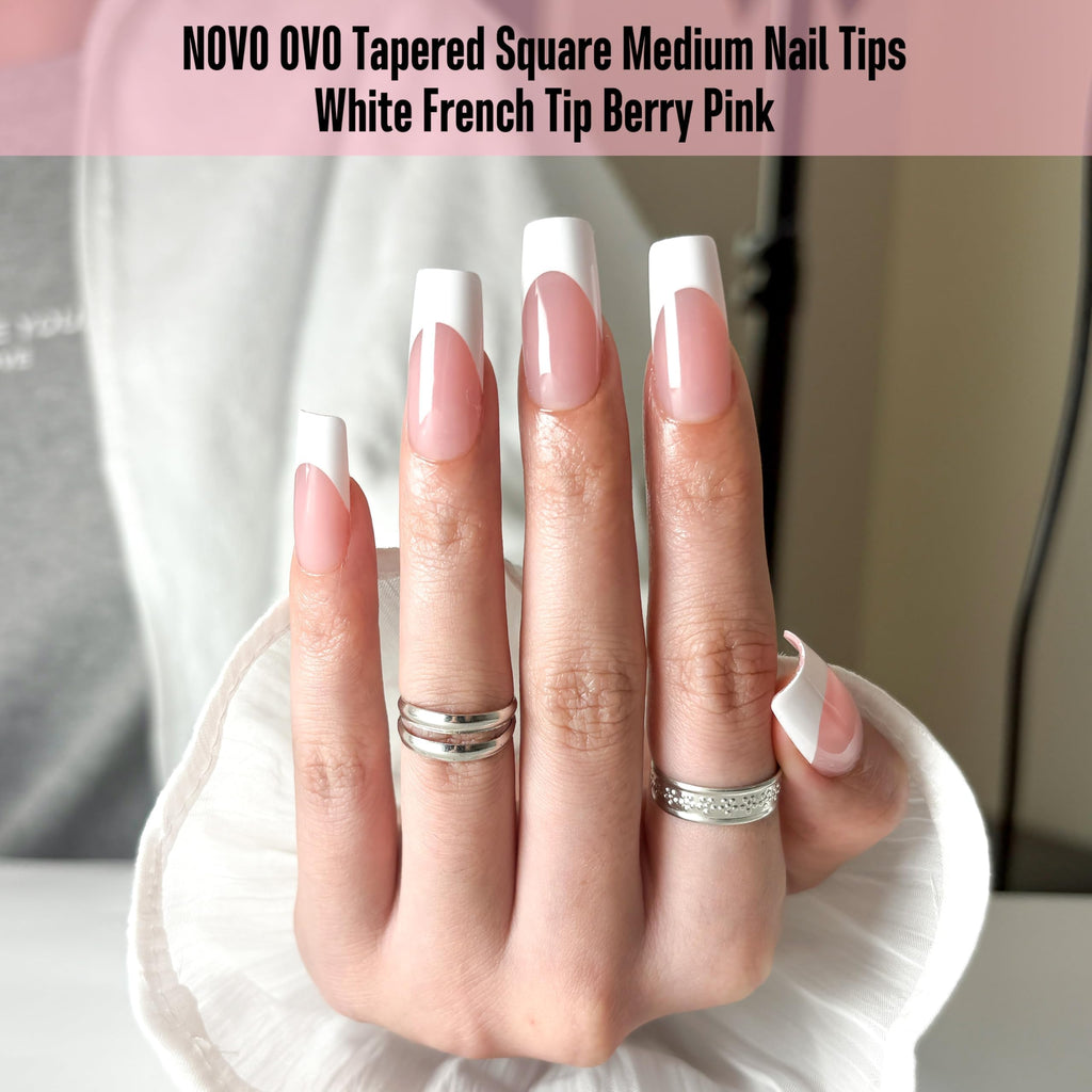 NOVO OVO White French Tip Nails – Berry Pink, Extra Thick Soft Gel, 240 pcs (15 Sizes)