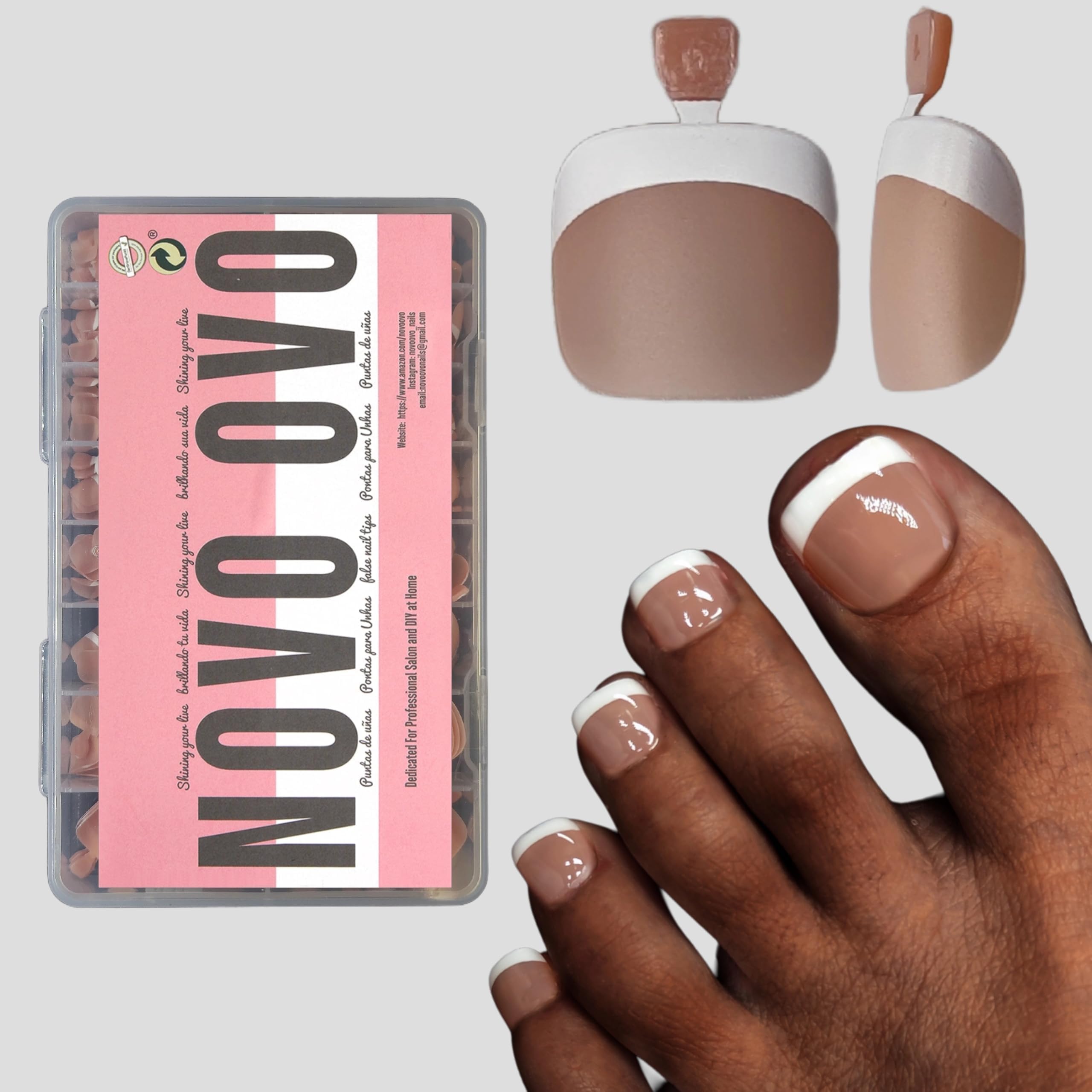 NOVO OVO Fake Toe Nail Tips – French Tip Soft Gel Pedicure Kit, 360Pcs, 15 Sizes, Matte Full Cover