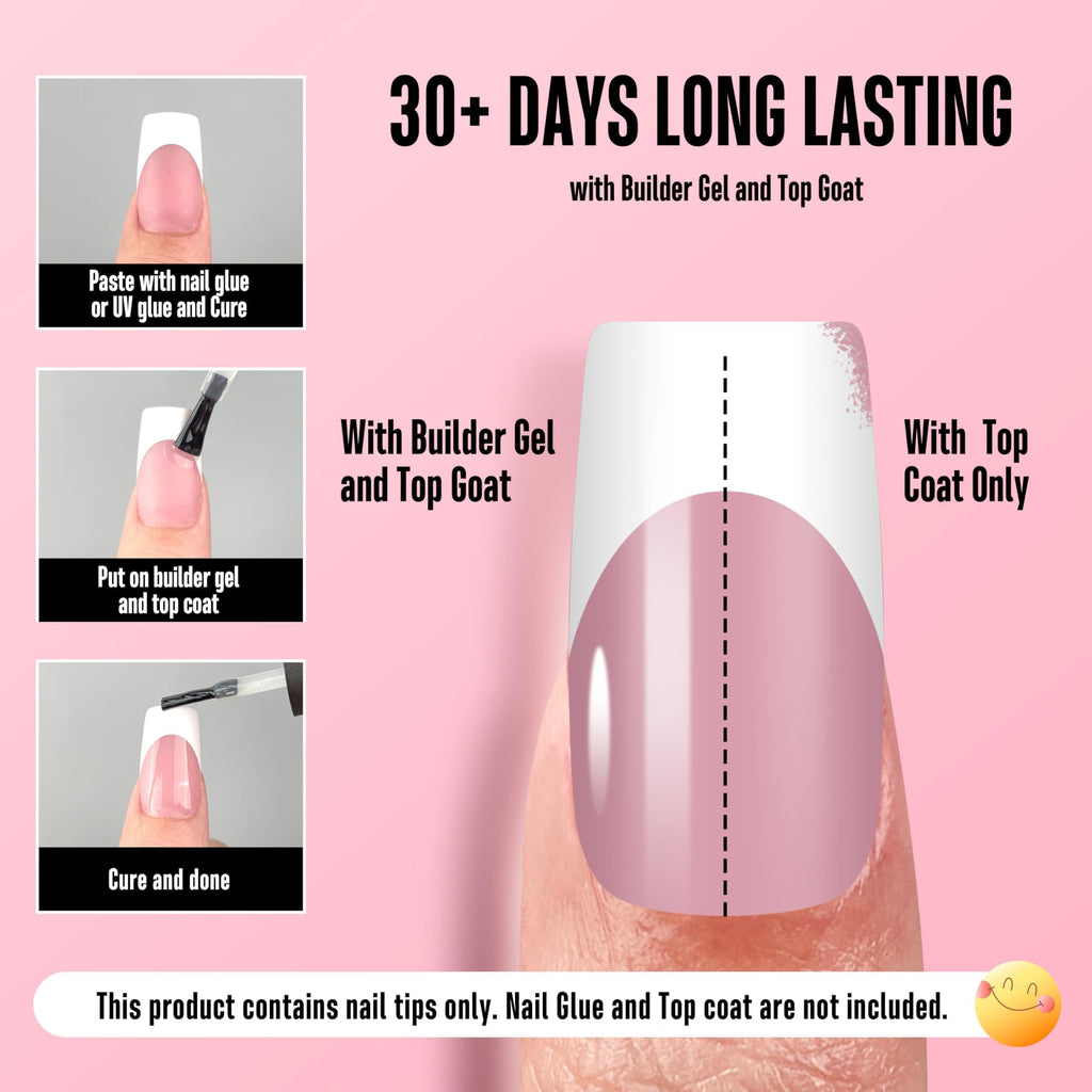 NOVO OVO White French Tip Nails – Berry Pink, Extra Thick Soft Gel, 240 pcs (15 Sizes)