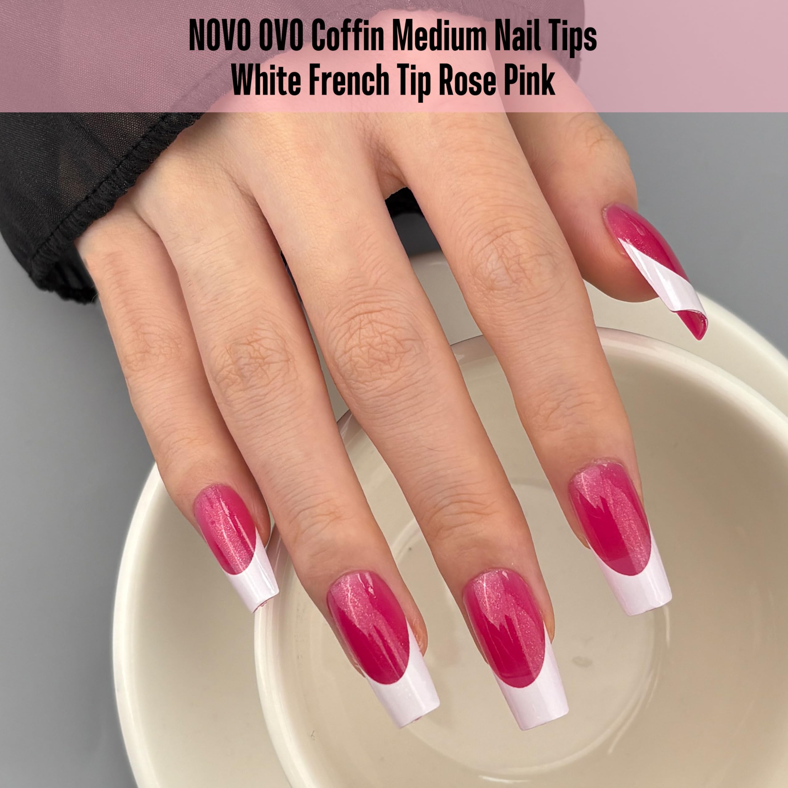 NOVO OVO White French Tip Coffin Nails – Rose Pink, Extra Thick Soft Gel Press-On, 15 Sizes x 240 pcs