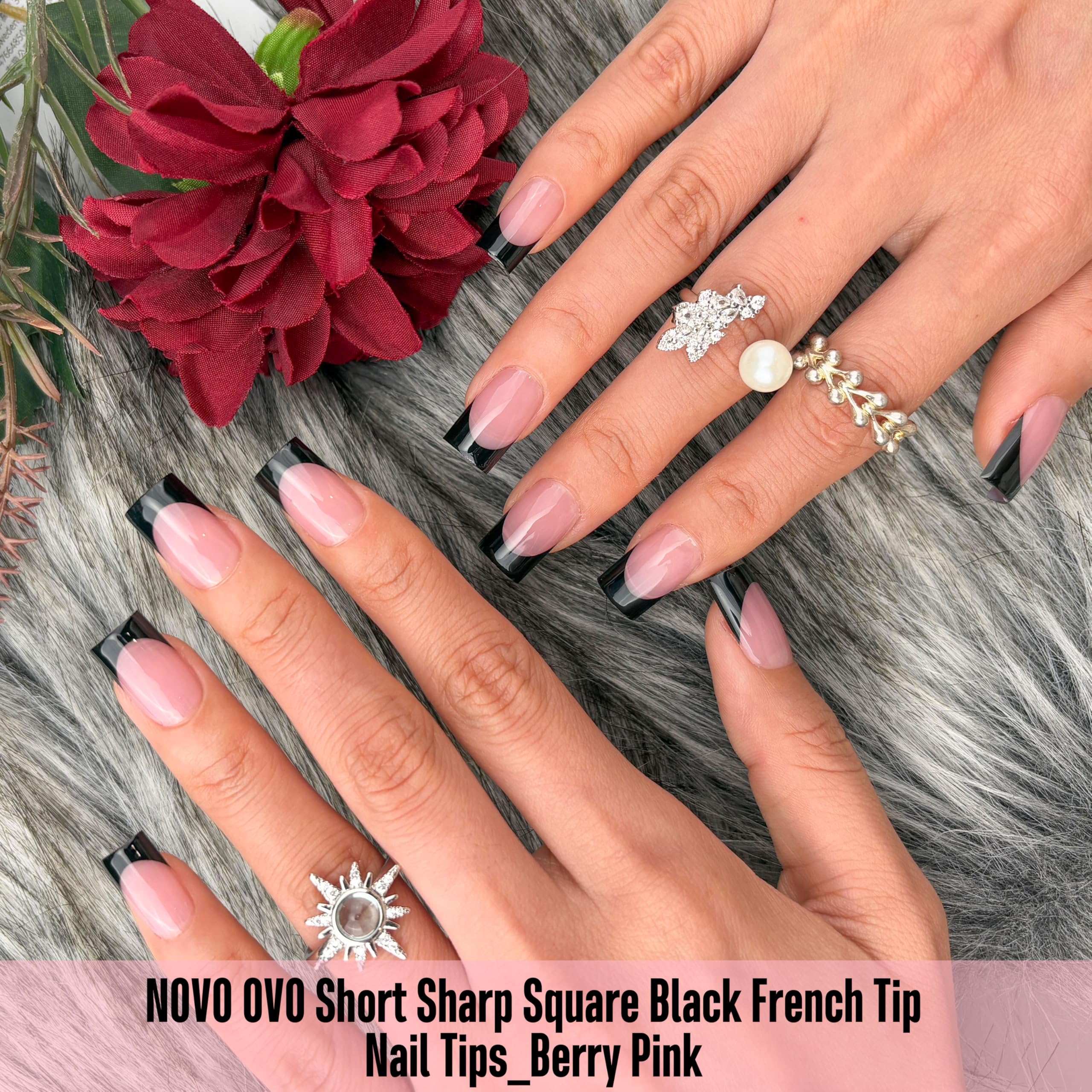 NOVO OVO Short Sharp Square Nail Tips Berry Pink – 240 pcs, 15 Sizes, Soft Gel Full Cover with Builder Gel & Top Coat