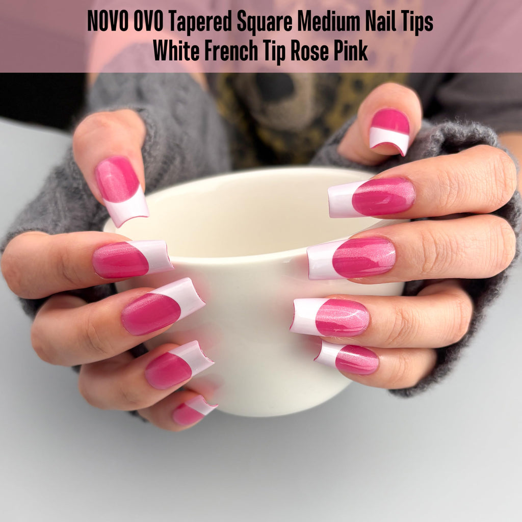 NOVO OVO White French Tip Square Nail Tips – Rose Pink, Extra Thick Soft Gel, 240 pcs (15 Sizes)