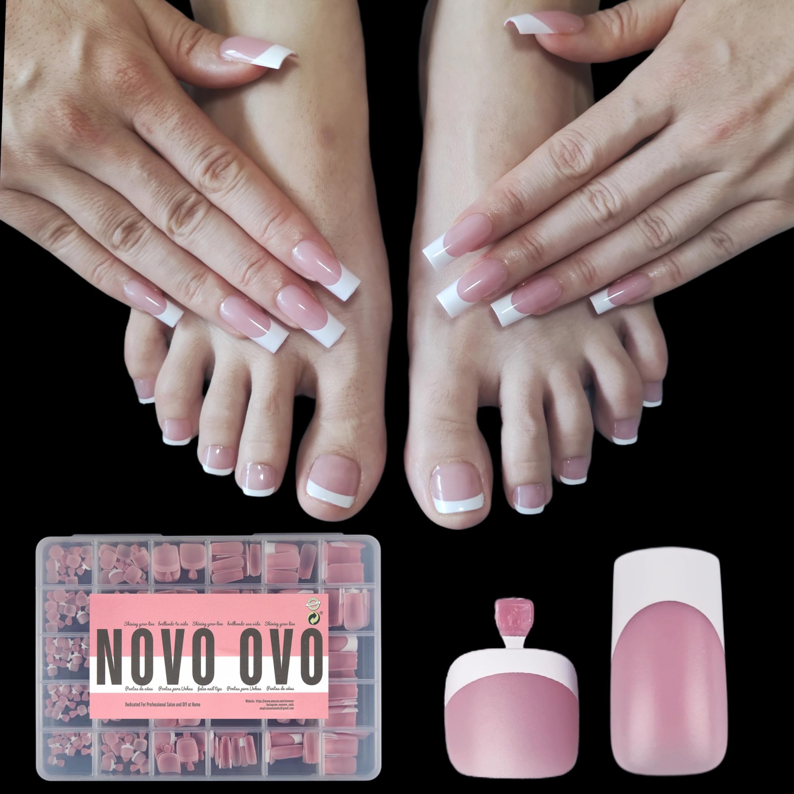 NOVO OVO French Tip Matching Press-on Nails Set – Berry Pink, Soft Gel Extension, 360 pcs