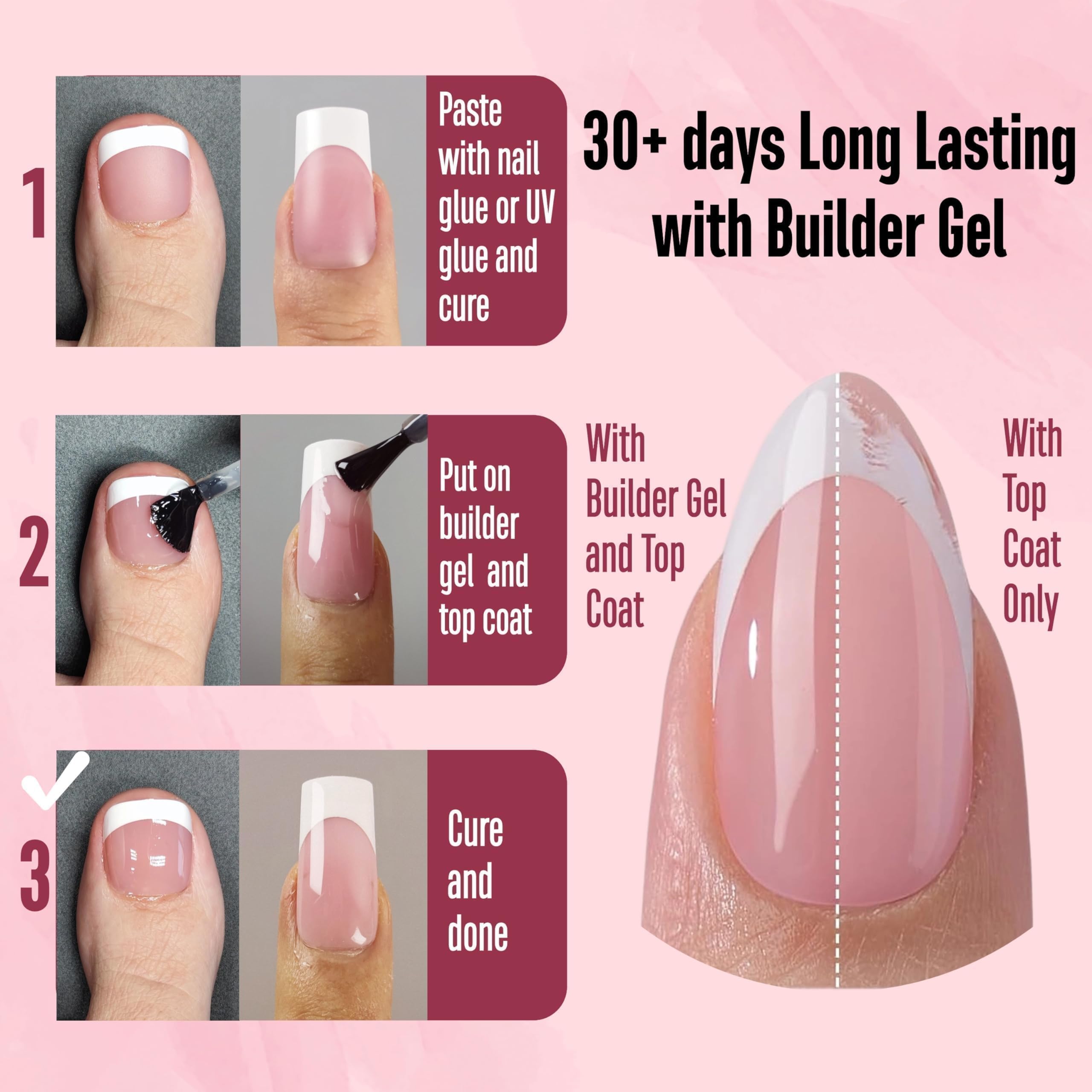 NOVO OVO French Tip Matching Press-on Nails Set – Berry Pink, Soft Gel Extension, 360 pcs