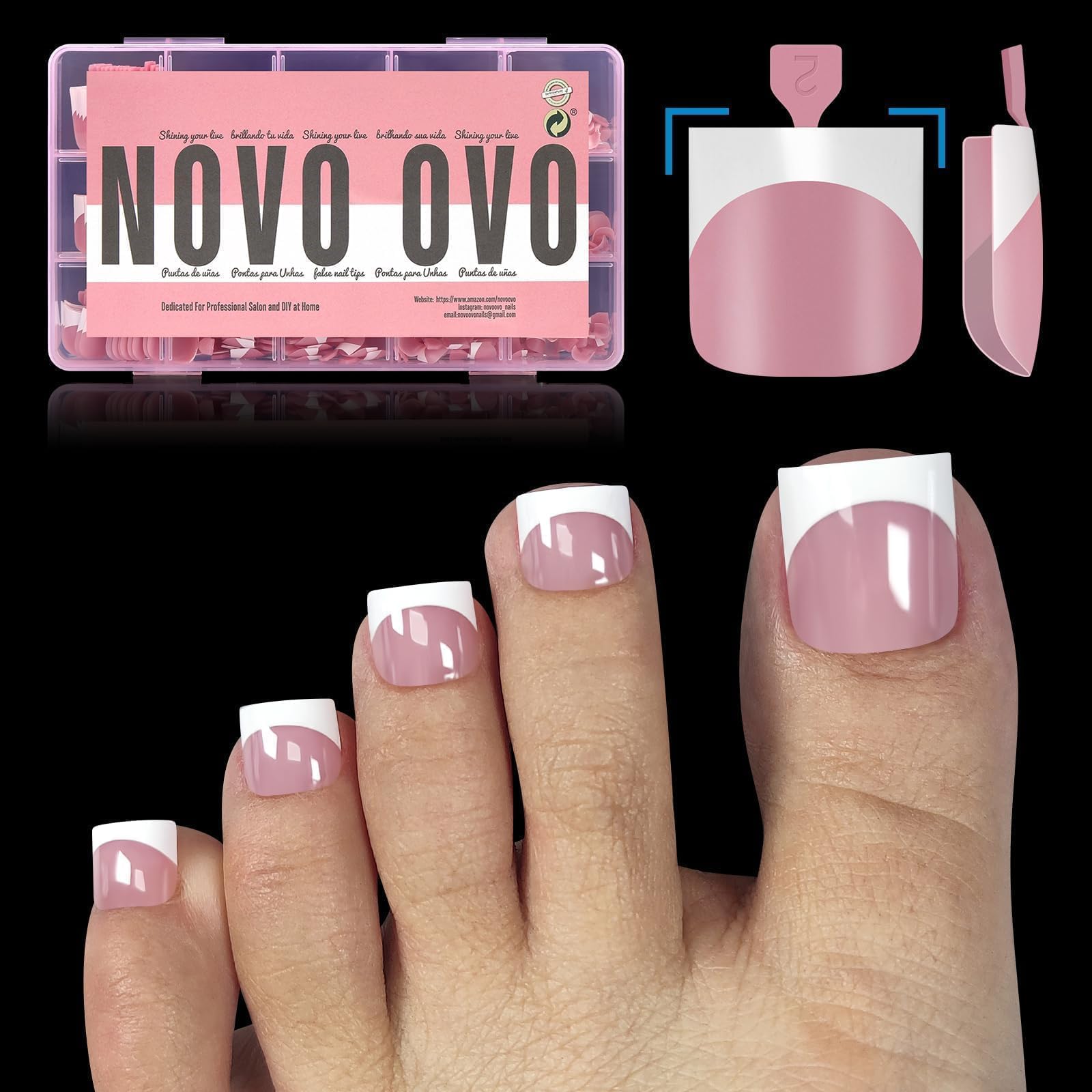 NOVO OVO French Tip Toe Nails Berry Pink – Press-On Tips with Pre-Applied Primer & Base Coat
