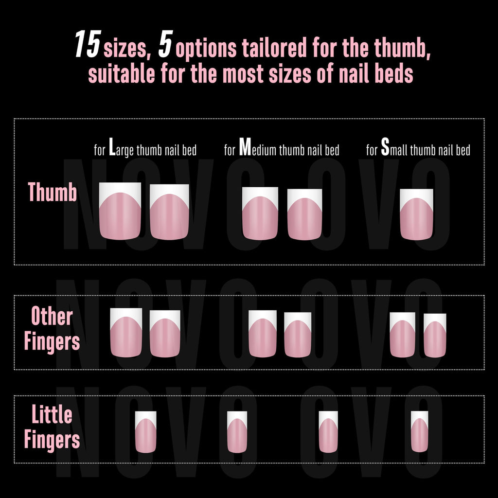 NOVO OVO Short Sharp Square White French Tip Nail Tips Berry Pink – 240 pcs, 15 Sizes