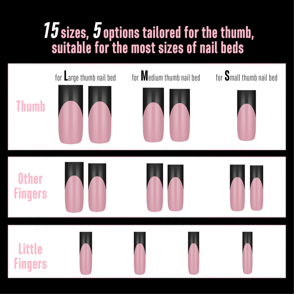 NOVO OVO Long Sharp Square Black French Tip Nail Tips – Berry Pink, 180 pc, 15 Sizes, Builder Gel Ready