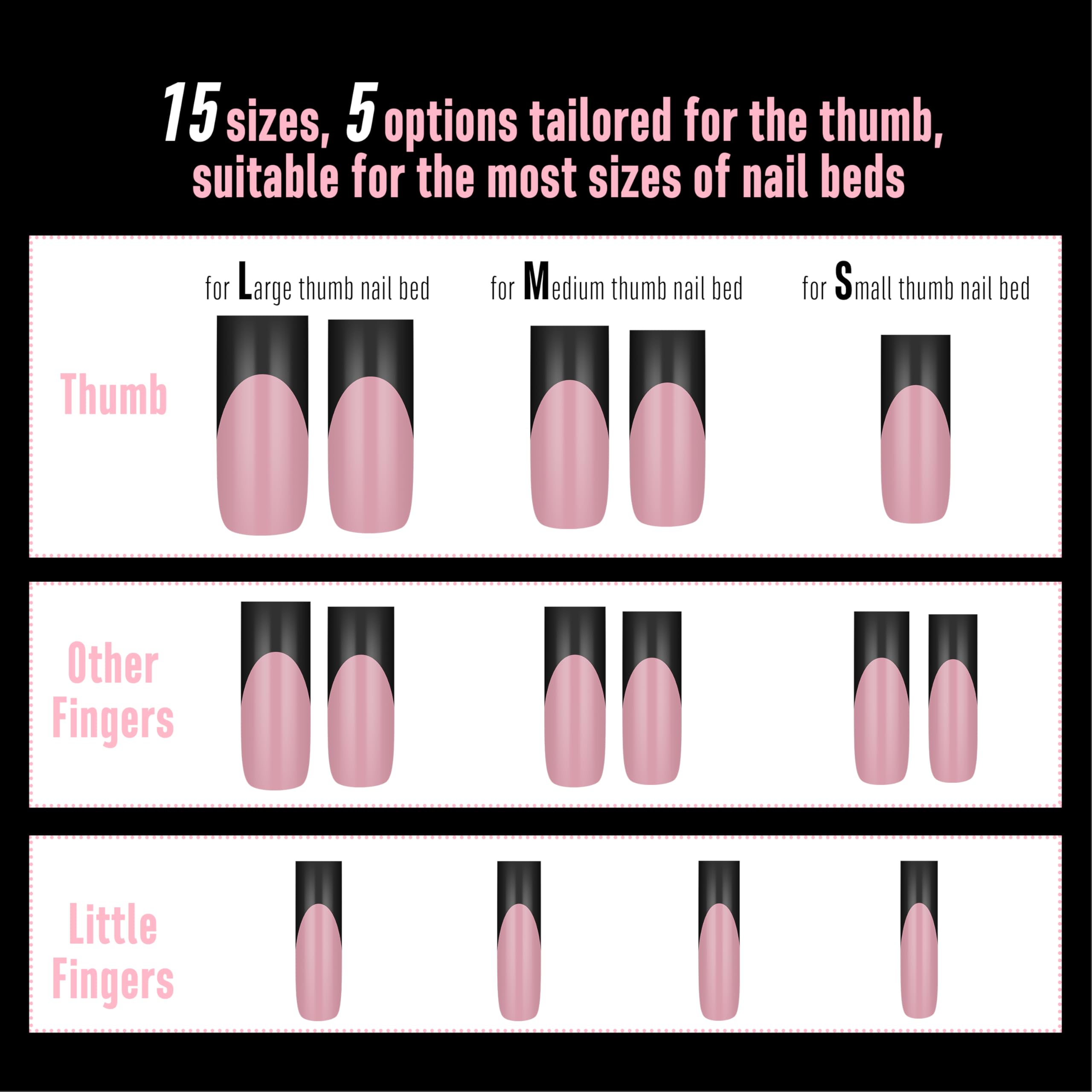 NOVO OVO Long Sharp Square Black French Tip Nail Tips – Berry Pink, 180 pc, 15 Sizes, Builder Gel Ready