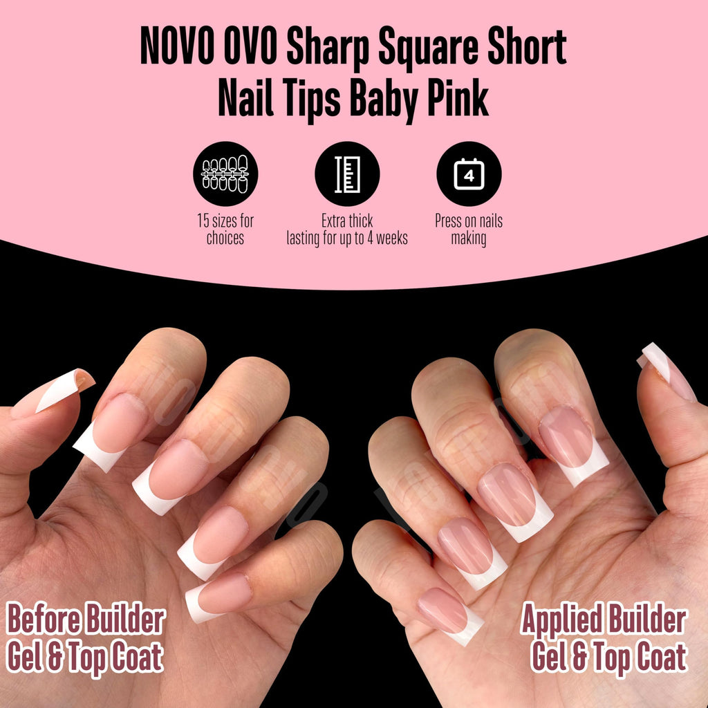 NOVO OVO Short Sharp Square White French Tip Nail Tips – Baby Pink Press-On, 240 pcs, 15 Sizes