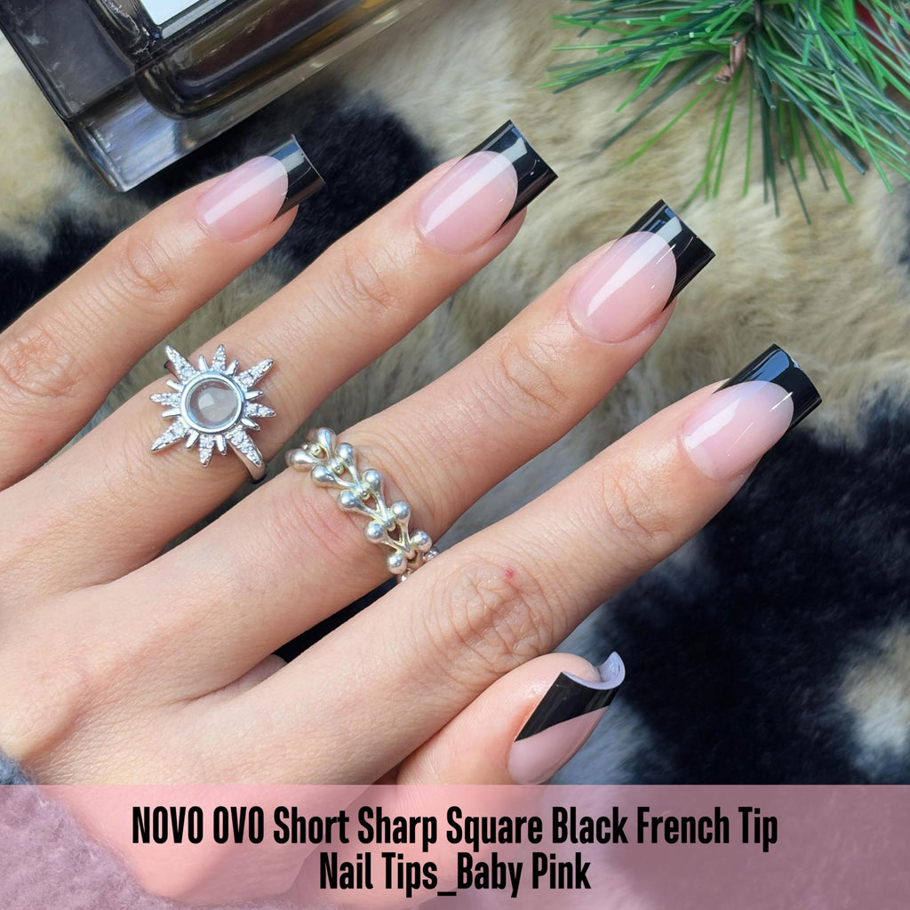 NOVO OVO Black French Tip Nails – Short Sharp Square, Baby Pink, 240 pcs, 15 Sizes