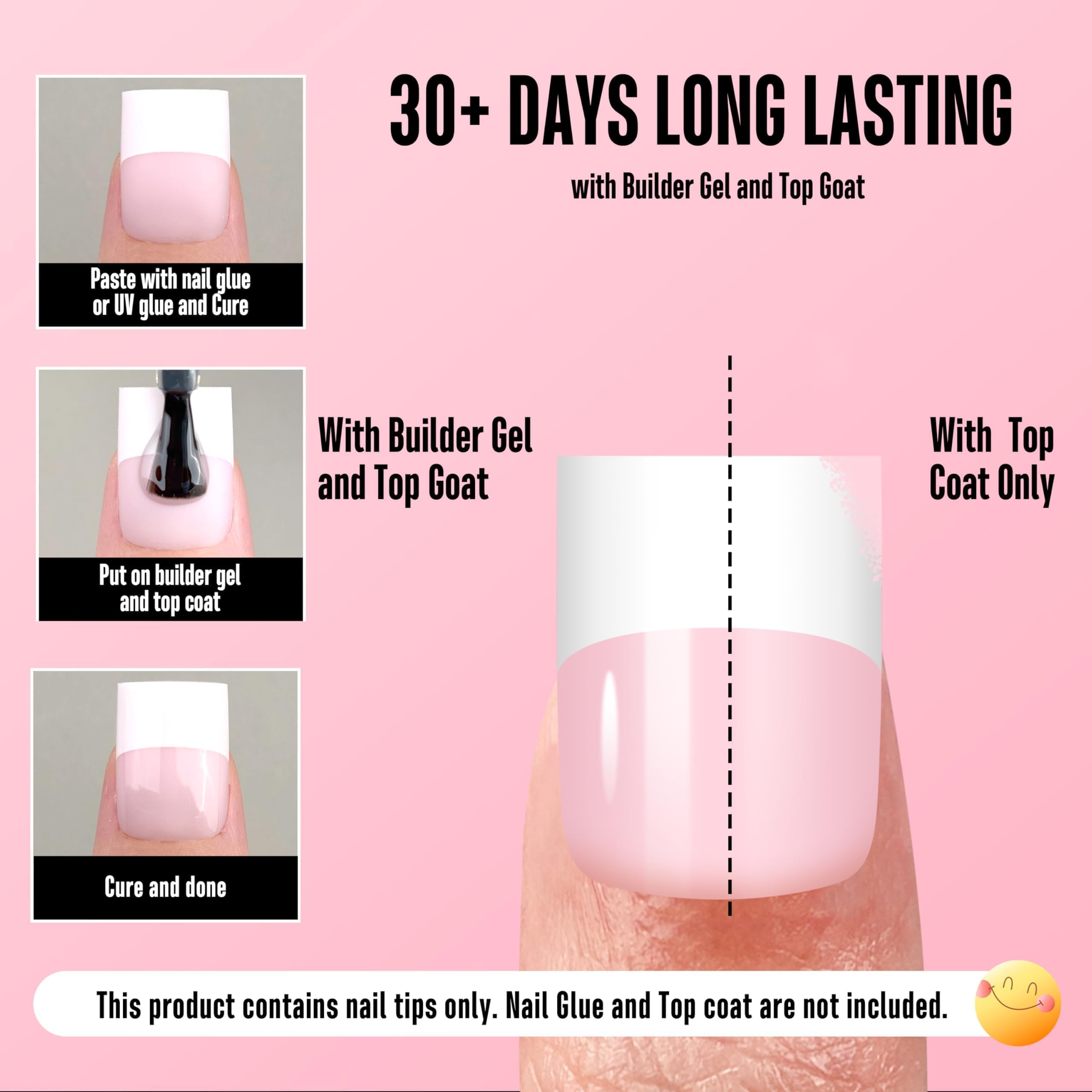 NOVO OVO Old School White French Tip Nails – Milky Pink, 240 pcs, 15 Sizes, Soft Gel Press-On Tips
