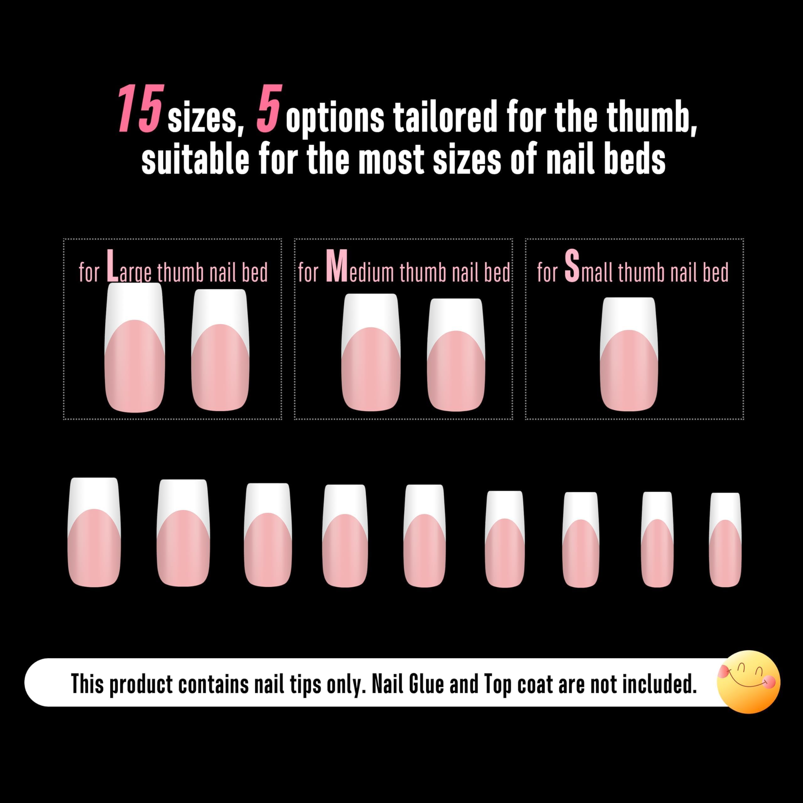 NOVO OVO White French Tip Medium Square Nail Tips – Baby Pink, Extra Thick Soft Gel, No Glue Included, 15 Sizes x 240 pcs