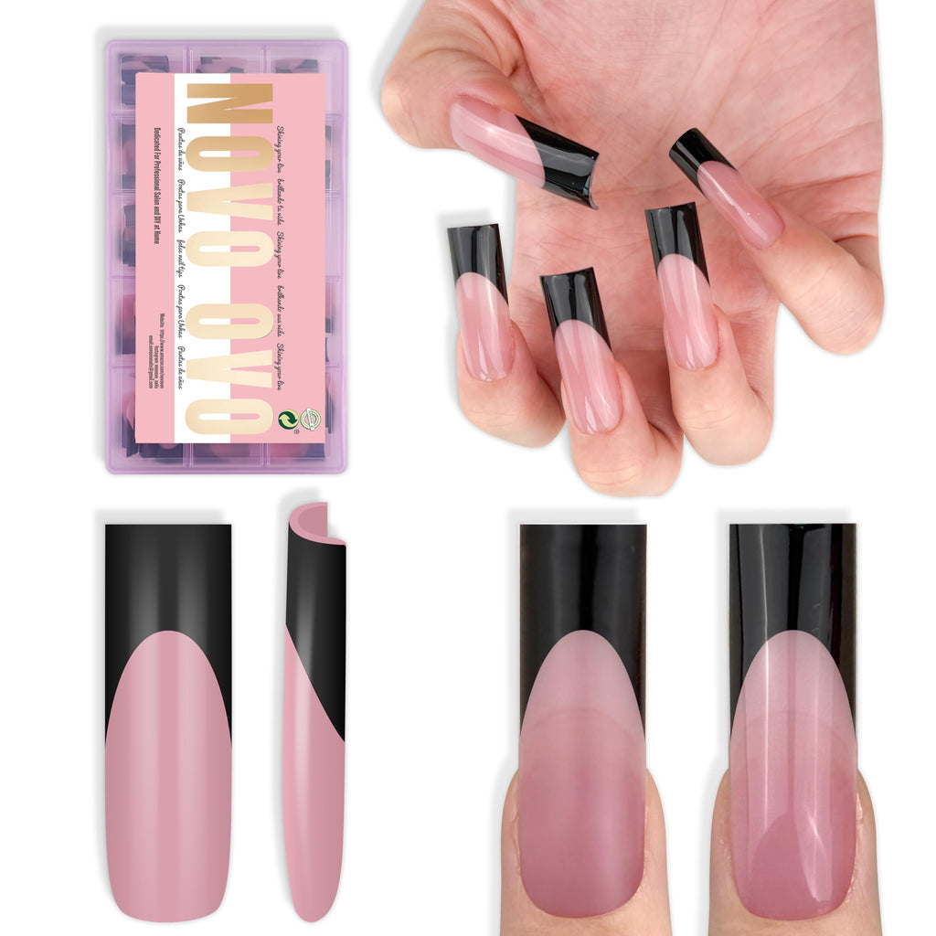 NOVO OVO Long Sharp Square Black French Tip Nail Tips – Berry Pink, 180 pc, 15 Sizes, Builder Gel Ready