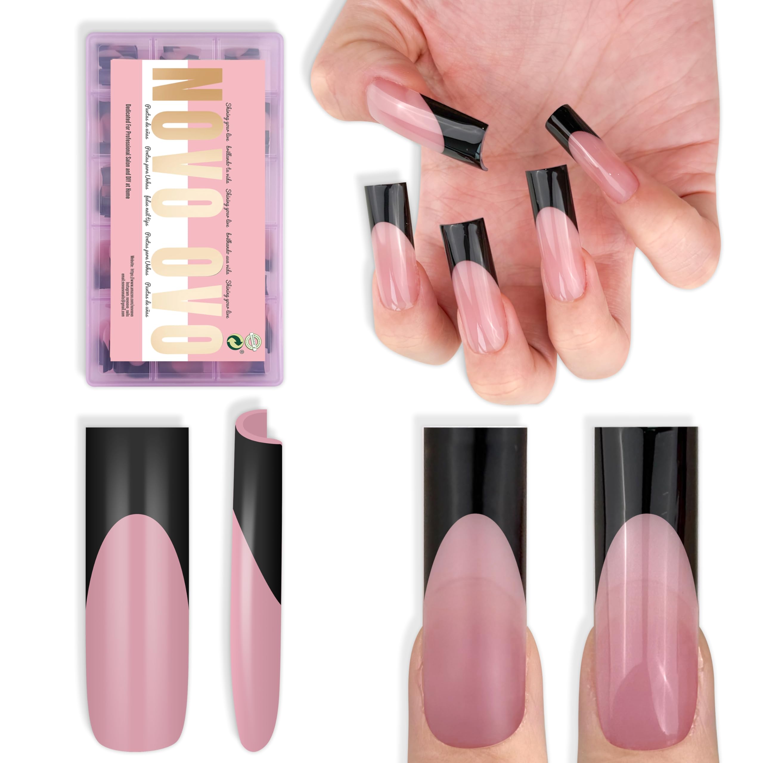 NOVO OVO Long Sharp Square Black French Tip Nail Tips – Berry Pink, 180 pc, 15 Sizes, Builder Gel Ready