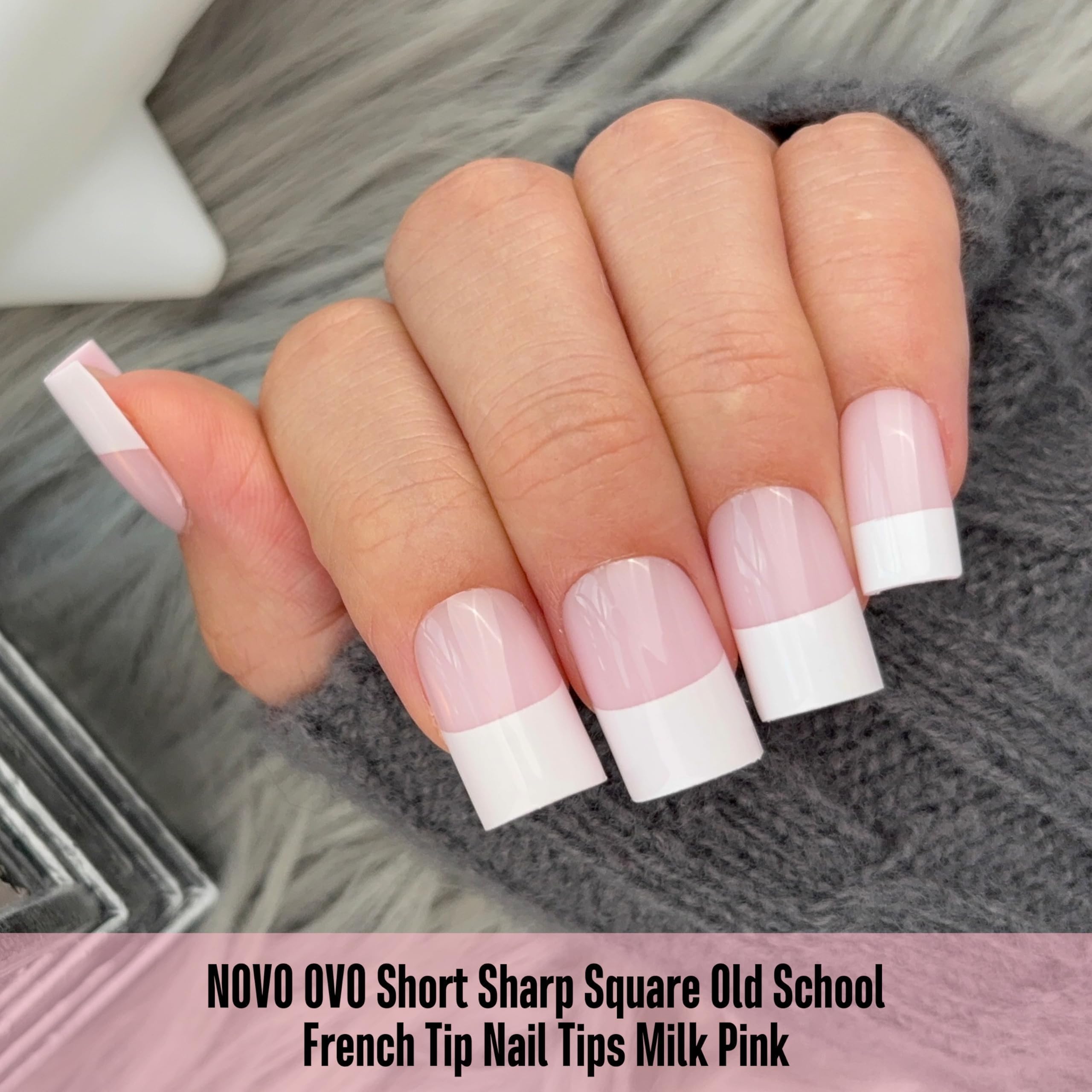NOVO OVO Old School White French Tip Nails – Milky Pink, 240 pcs, 15 Sizes, Soft Gel Press-On Tips