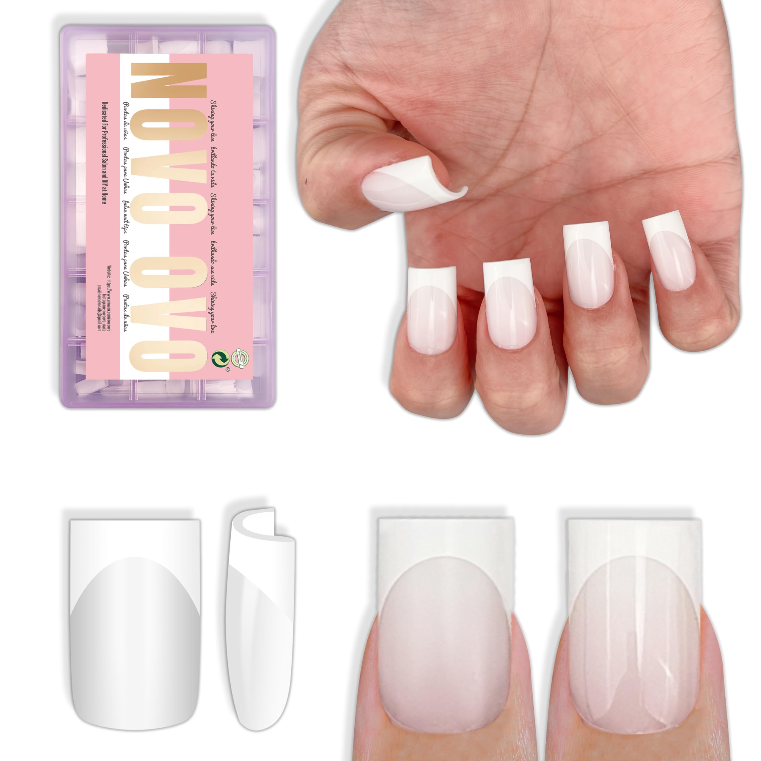 NOVO OVO Milky White Short Sharp Square French Tip Nails – Press-On Soft Gel Tips, 15 Sizes, 240 pcs