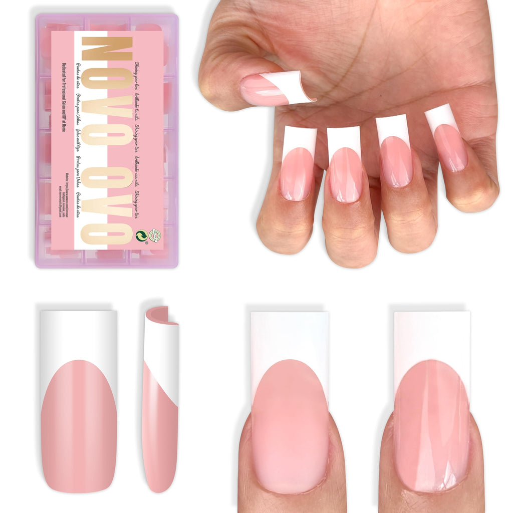 NOVO OVO Medium Sharp Square White French Tip Nail Tips – Baby Pink, Extra Thick Builder Gel & Top Coat, 180 pc