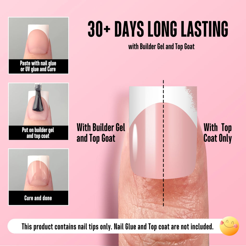 NOVO OVO Short Sharp Square White French Tip Nail Tips – Baby Pink Press-On, 240 pcs, 15 Sizes