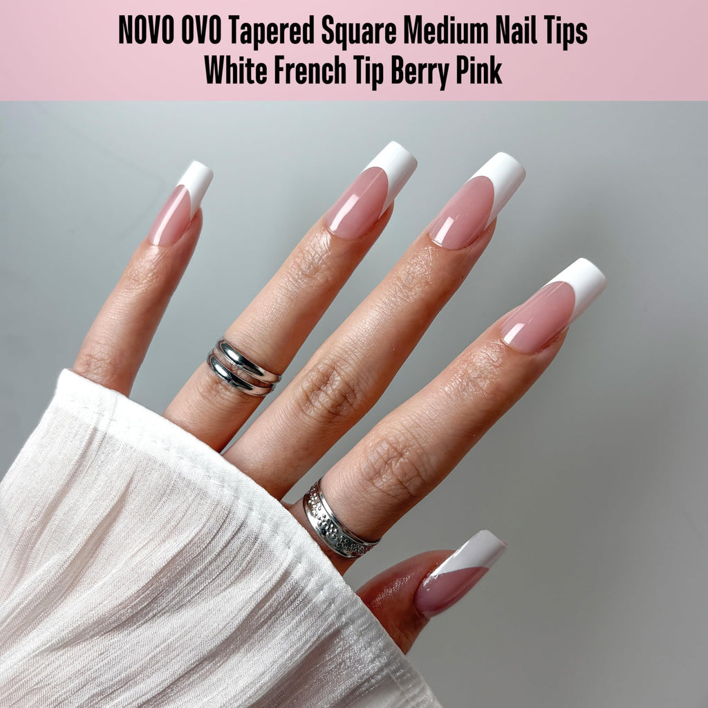 NOVO OVO White French Tip Nails – Berry Pink, Extra Thick Soft Gel, 240 pcs (15 Sizes)