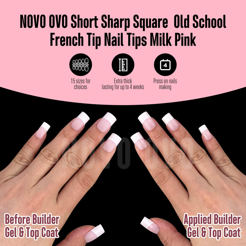 NOVO OVO Old School White French Tip Nails – Milky Pink, 240 pcs, 15 Sizes, Soft Gel Press-On Tips