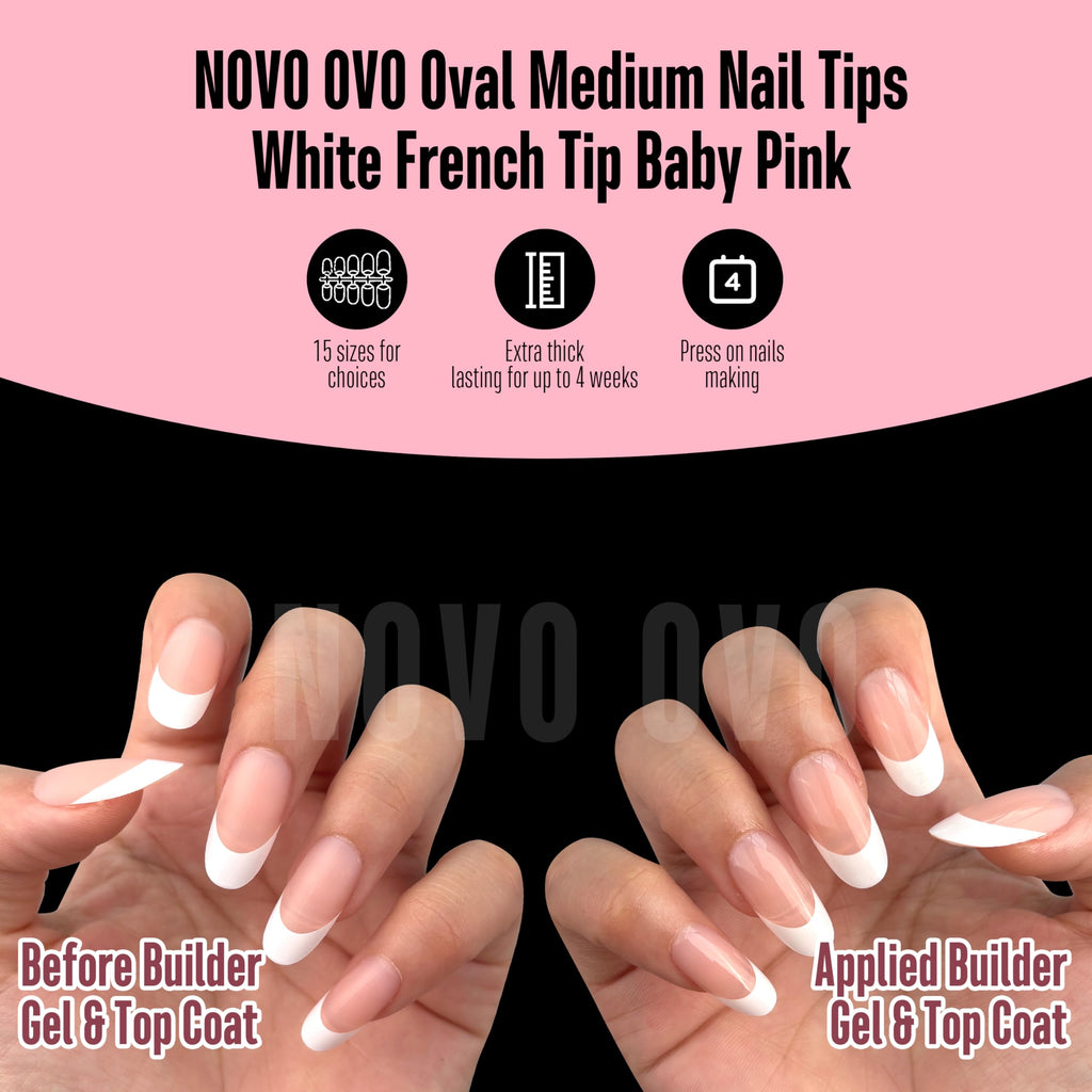 NOVO OVO White French Tip Oval Nail Tips – Baby Pink Press-On, Extra Thick Soft Gel, 240 pcs, 15 Sizes