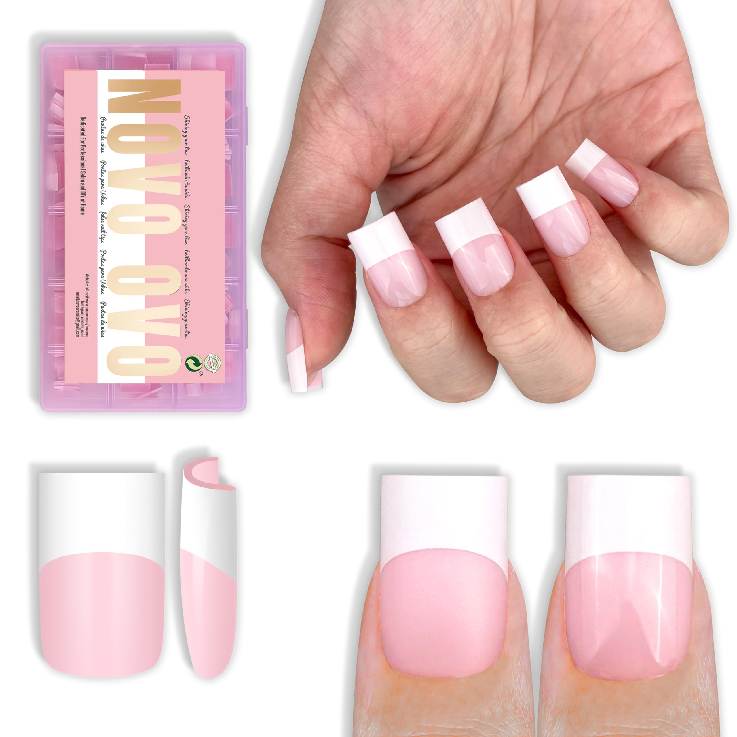 NOVO OVO Old School White French Tip Nails – Milky Pink, 240 pcs, 15 Sizes, Soft Gel Press-On Tips