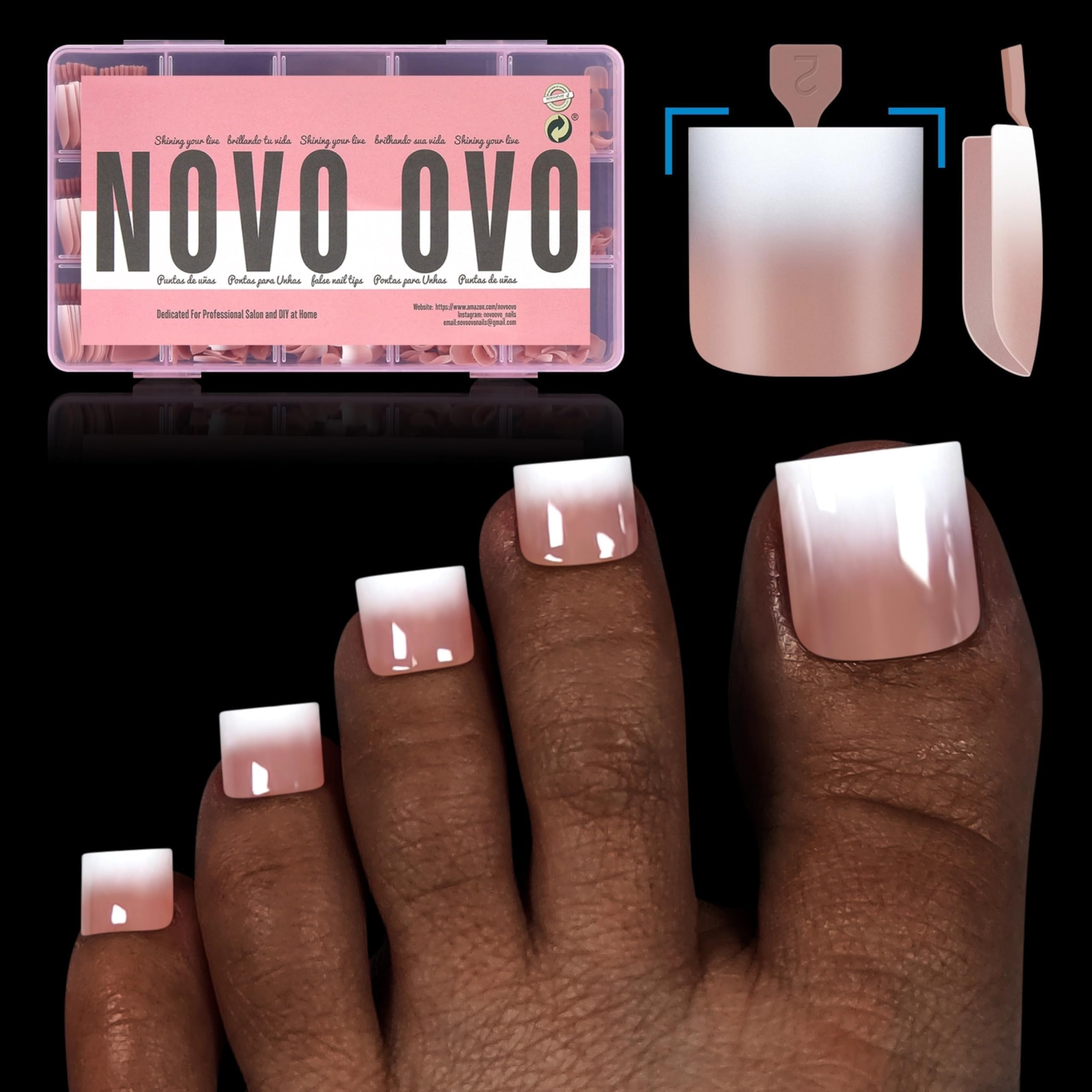 NOVO OVO Ombre French Tip Toe Nail Tips – Pre-Designed Soft Gel Press-On, Brown Pink, 240 pcs, 15 Sizes