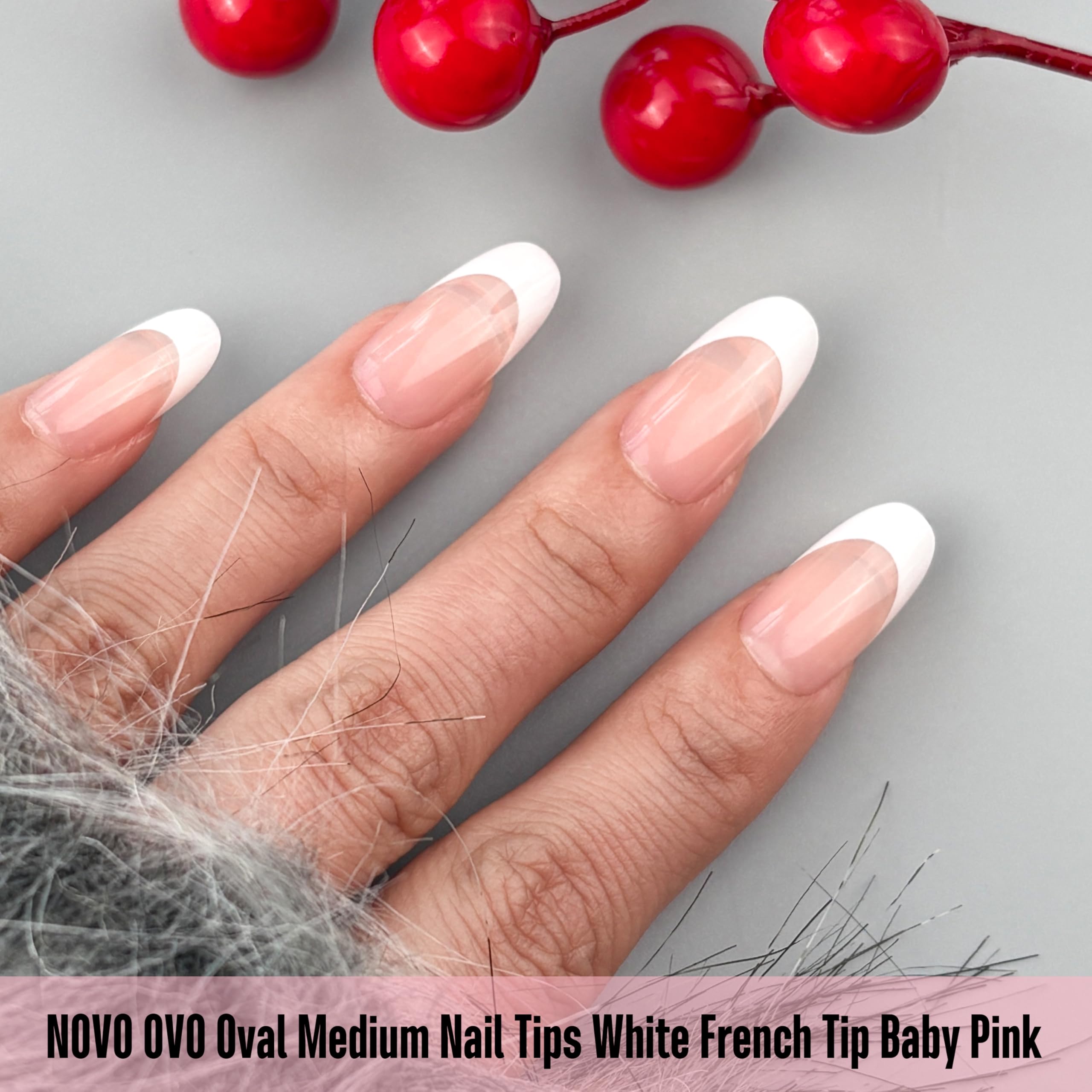 NOVO OVO White French Tip Oval Nail Tips – Baby Pink Press-On, Extra Thick Soft Gel, 240 pcs, 15 Sizes