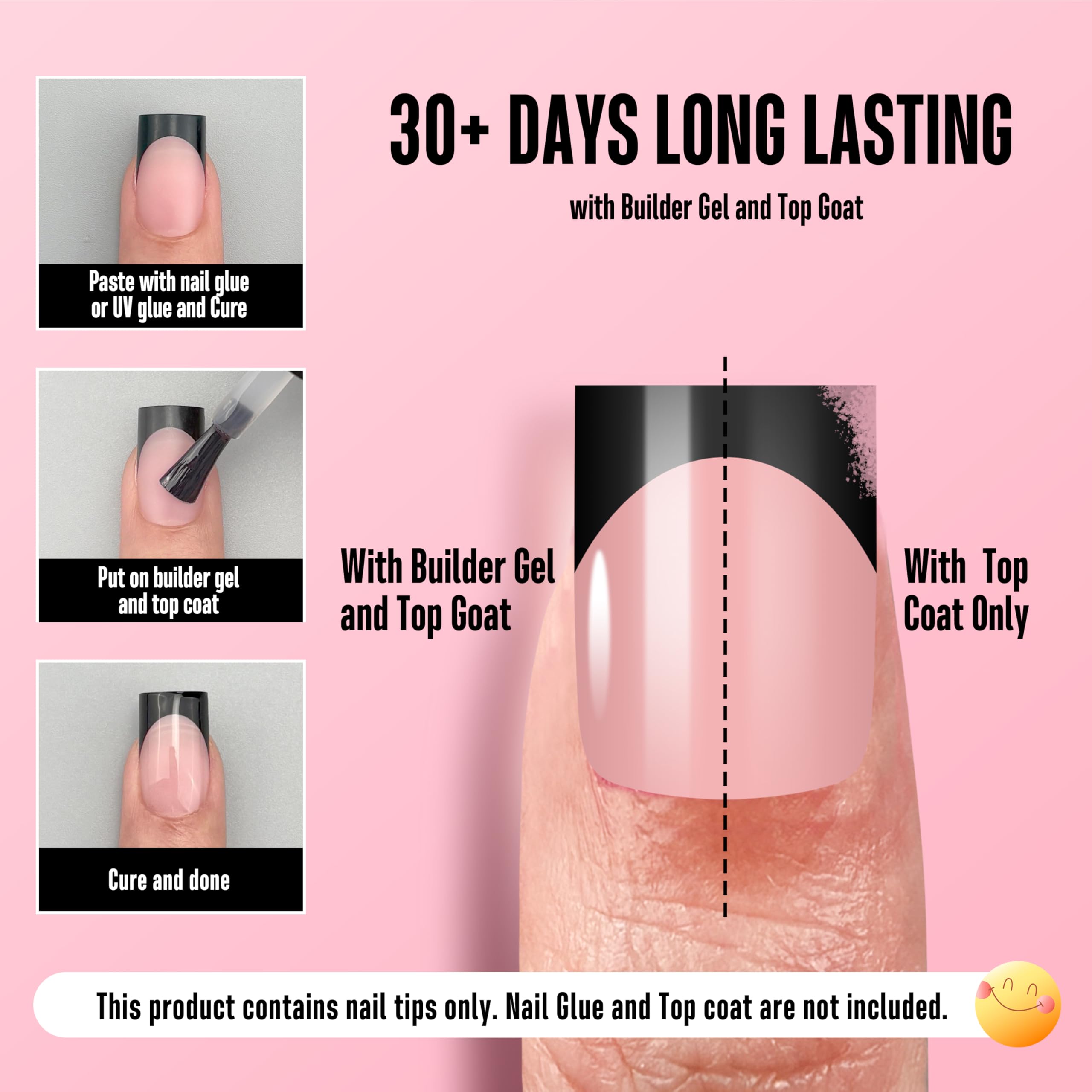 NOVO OVO Black French Tip Nails – Short Sharp Square, Baby Pink, 240 pcs, 15 Sizes