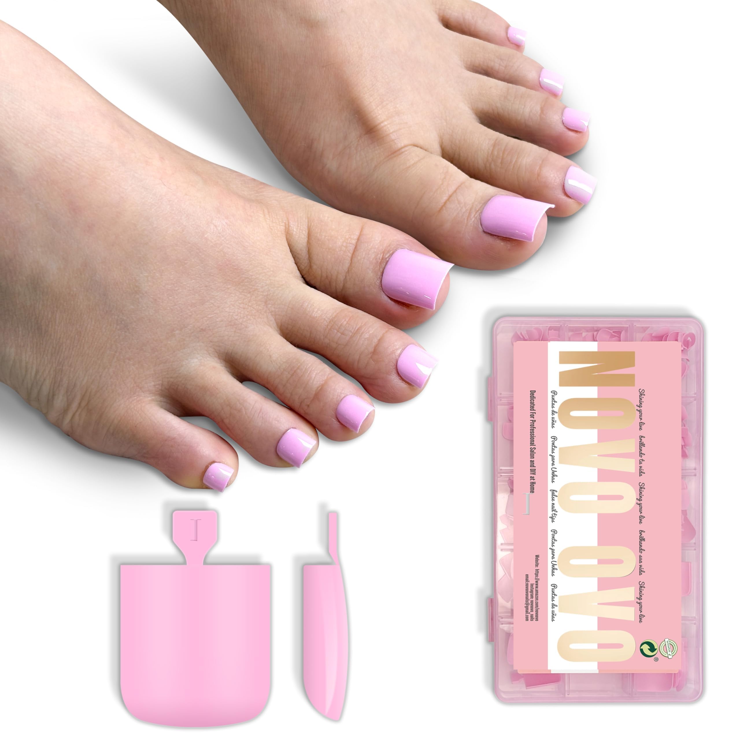 NOVO OVO Pink Square Toe Nail Tips – 240Pcs Soft Gel Full-Cover Nails, 15 Sizes Wide Fit
