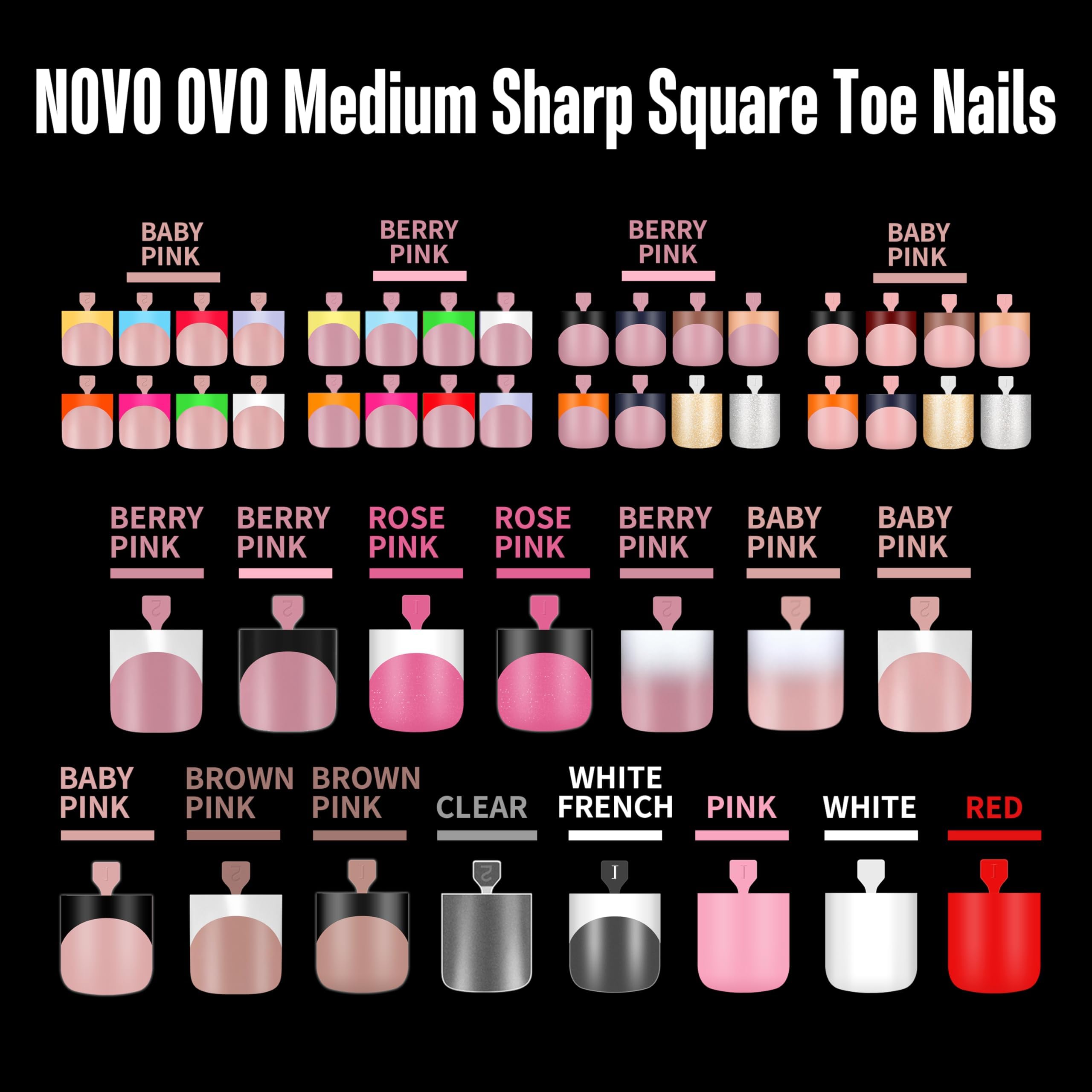 NOVO OVO Pink Square Toe Nail Tips – 240Pcs Soft Gel Full-Cover Nails, 15 Sizes Wide Fit