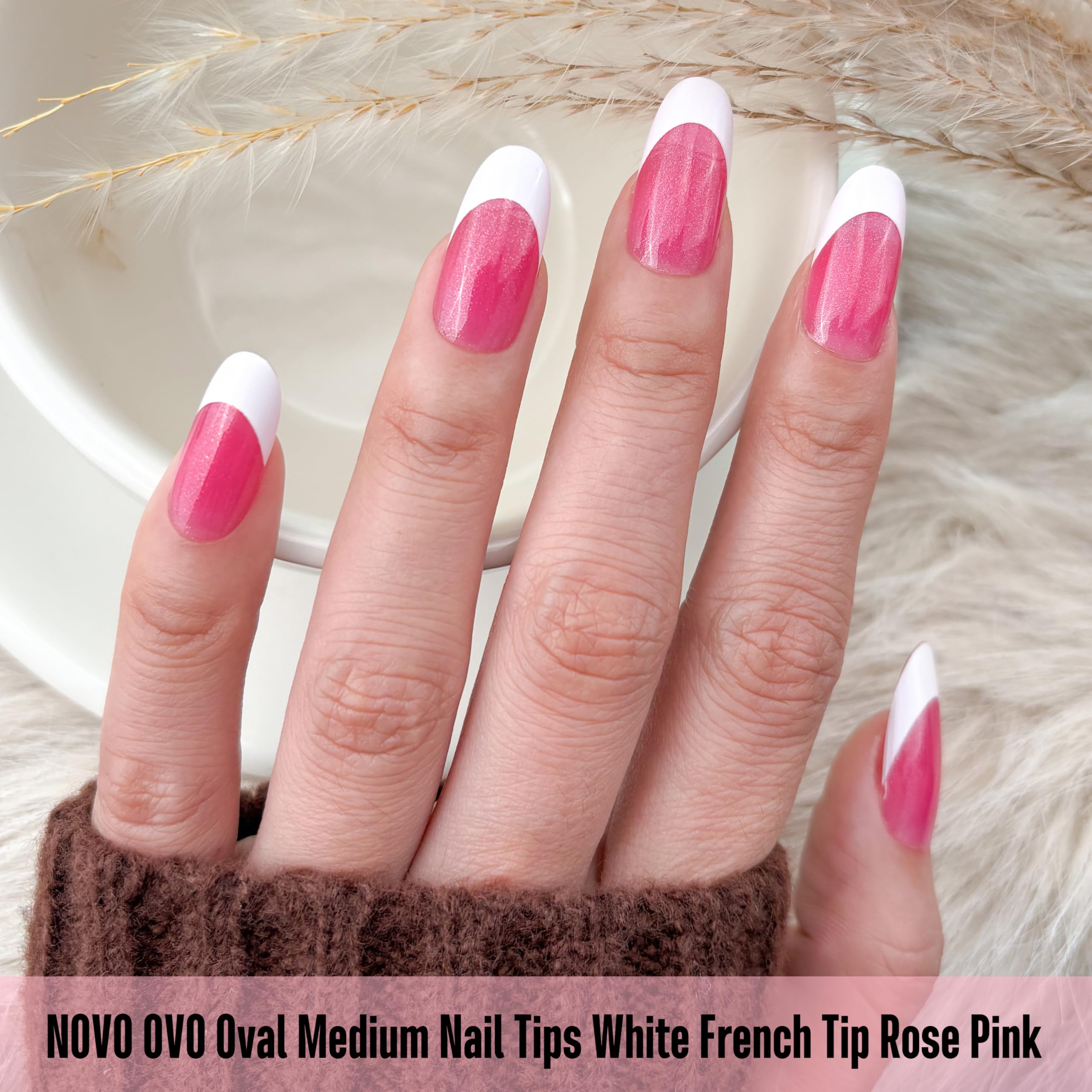 NOVO OVO White French Tip Oval Nail Tips – Rose Pink, Extra Thick Soft Gel, 15 Sizes, 240 pcs (No Glue Included)