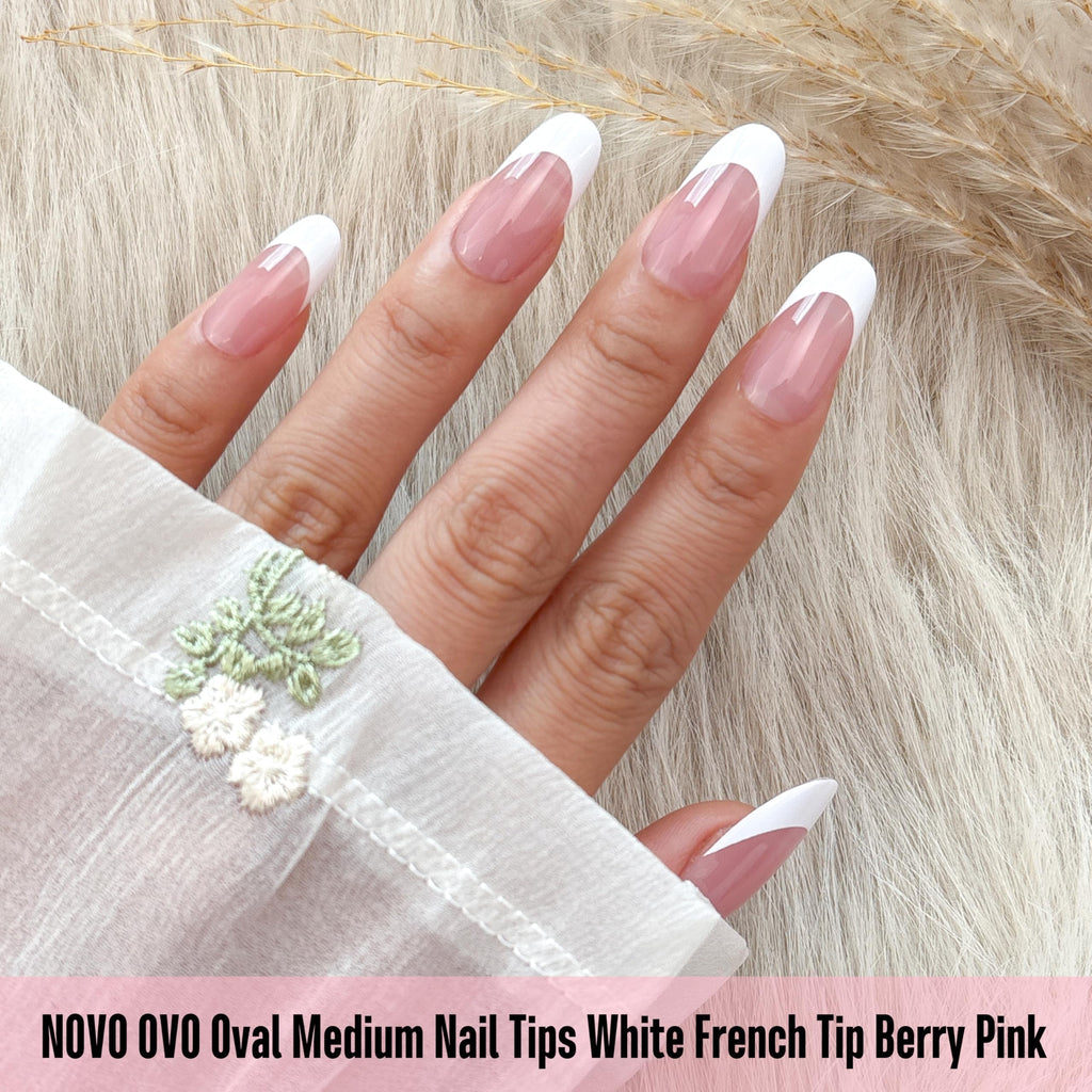 NOVO OVO White French Tip Oval Nails Berry Pink – Extra Thick Soft Gel Press-On, No Glue, 240 pcs, 15 sizes