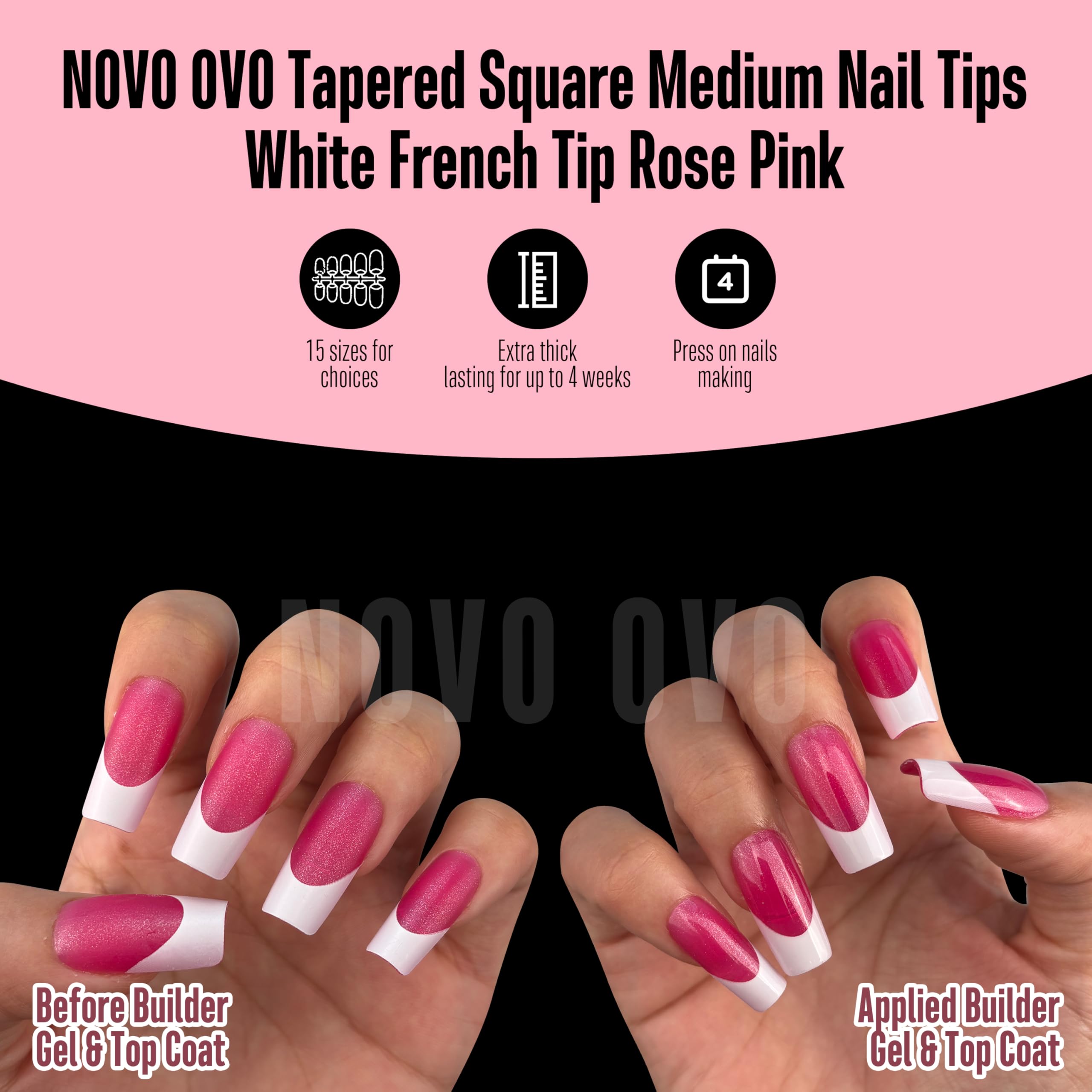 NOVO OVO White French Tip Square Nail Tips – Rose Pink, Extra Thick Soft Gel, 240 pcs (15 Sizes)