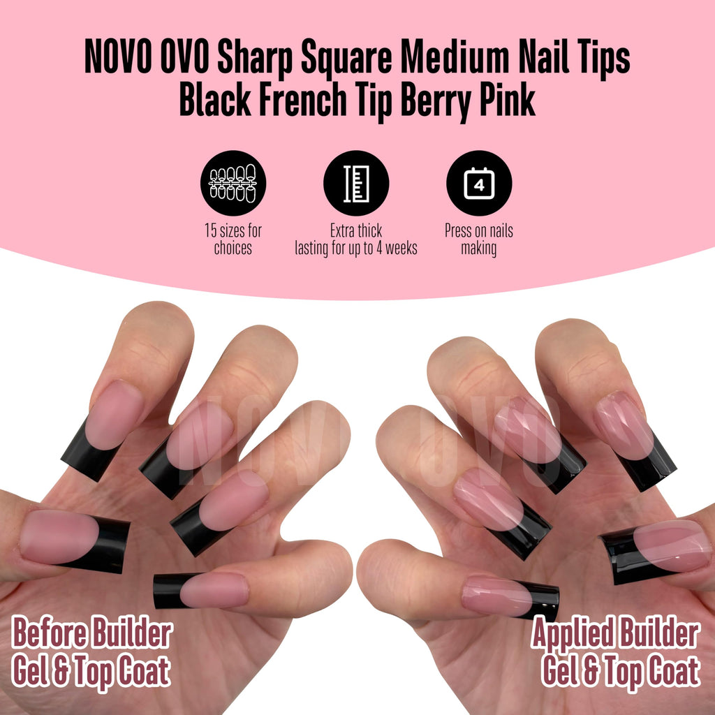 NOVO OVO Berry Pink Nail Tips – Medium Sharp Square Black French Tip, 180pc, 15 Sizes