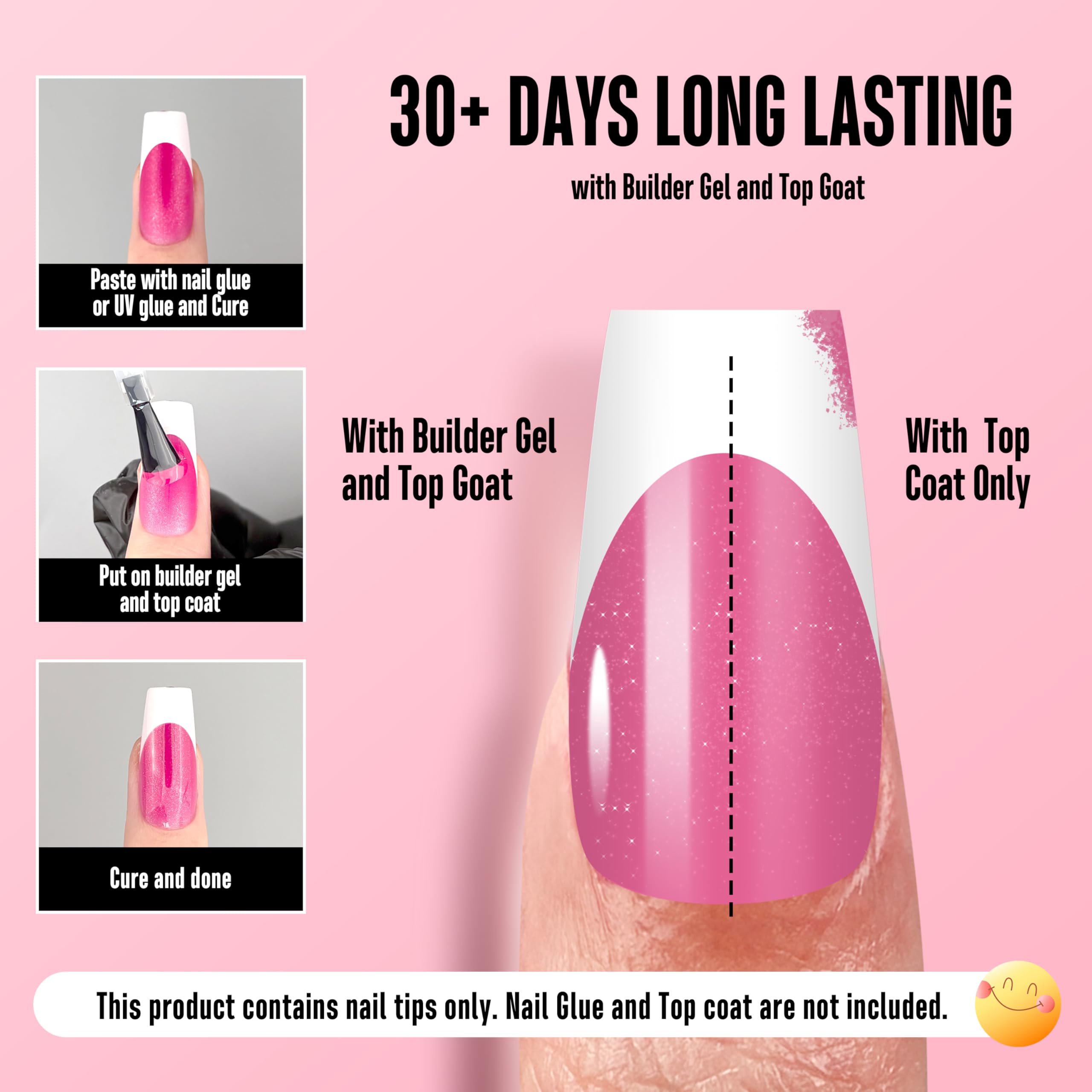 NOVO OVO White French Tip Coffin Nails – Rose Pink, Extra Thick Soft Gel Press-On, 15 Sizes x 240 pcs
