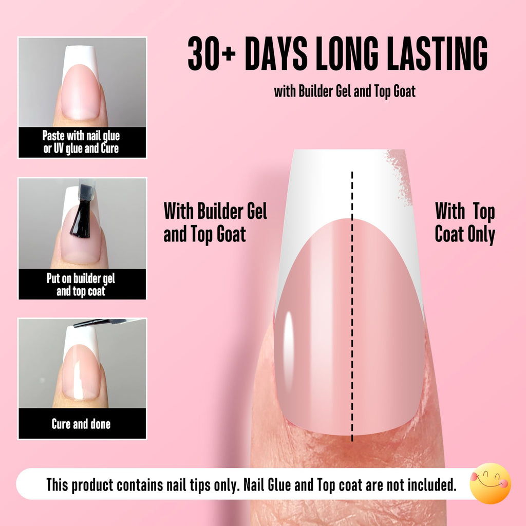 NOVO OVO White French Tip Medium Coffin Nail Tips – Baby Pink, Extra Thick Soft Gel, 240 pcs (15 Sizes)