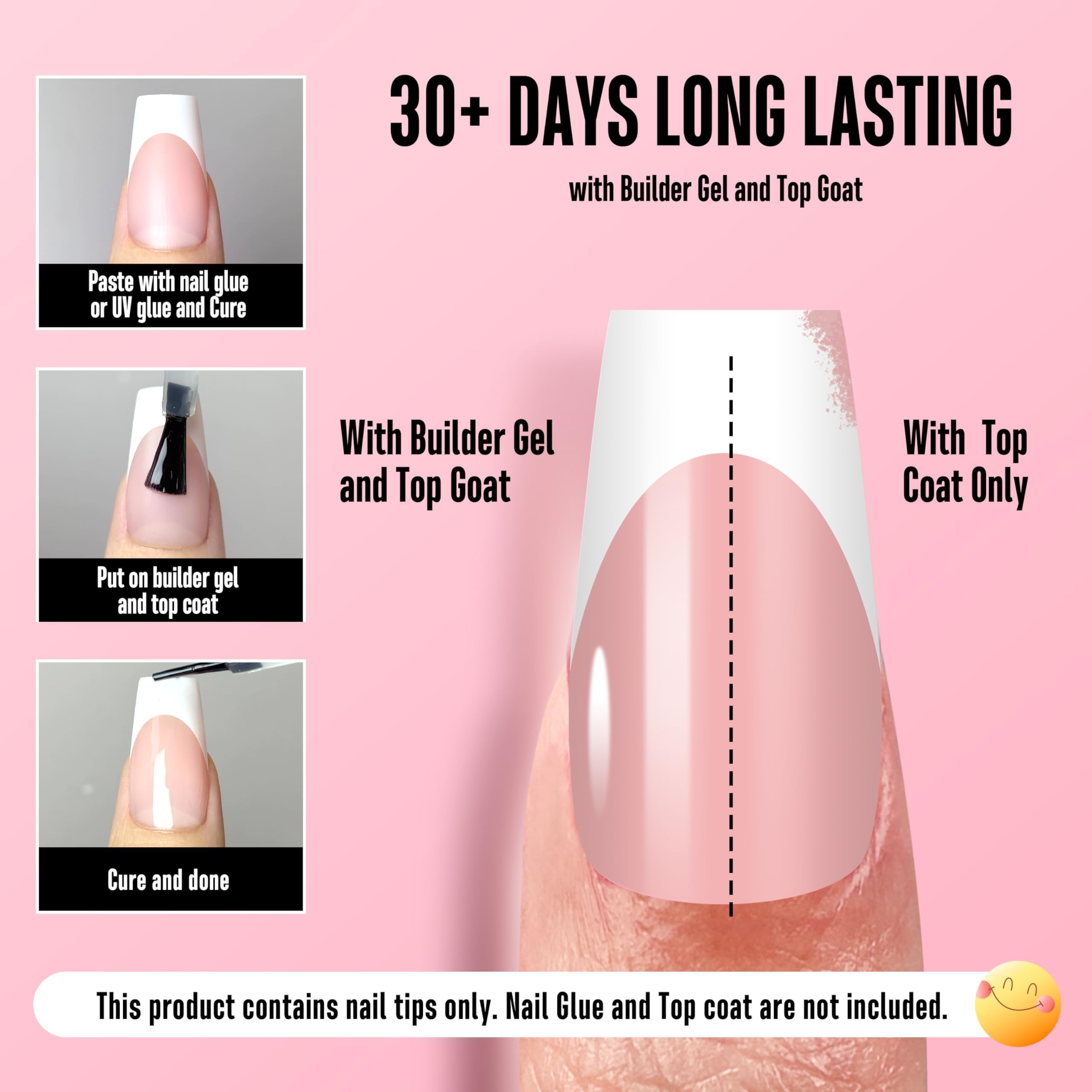 NOVO OVO White French Tip Medium Coffin Nail Tips – Baby Pink, Extra Thick Soft Gel, 240 pcs (15 Sizes)
