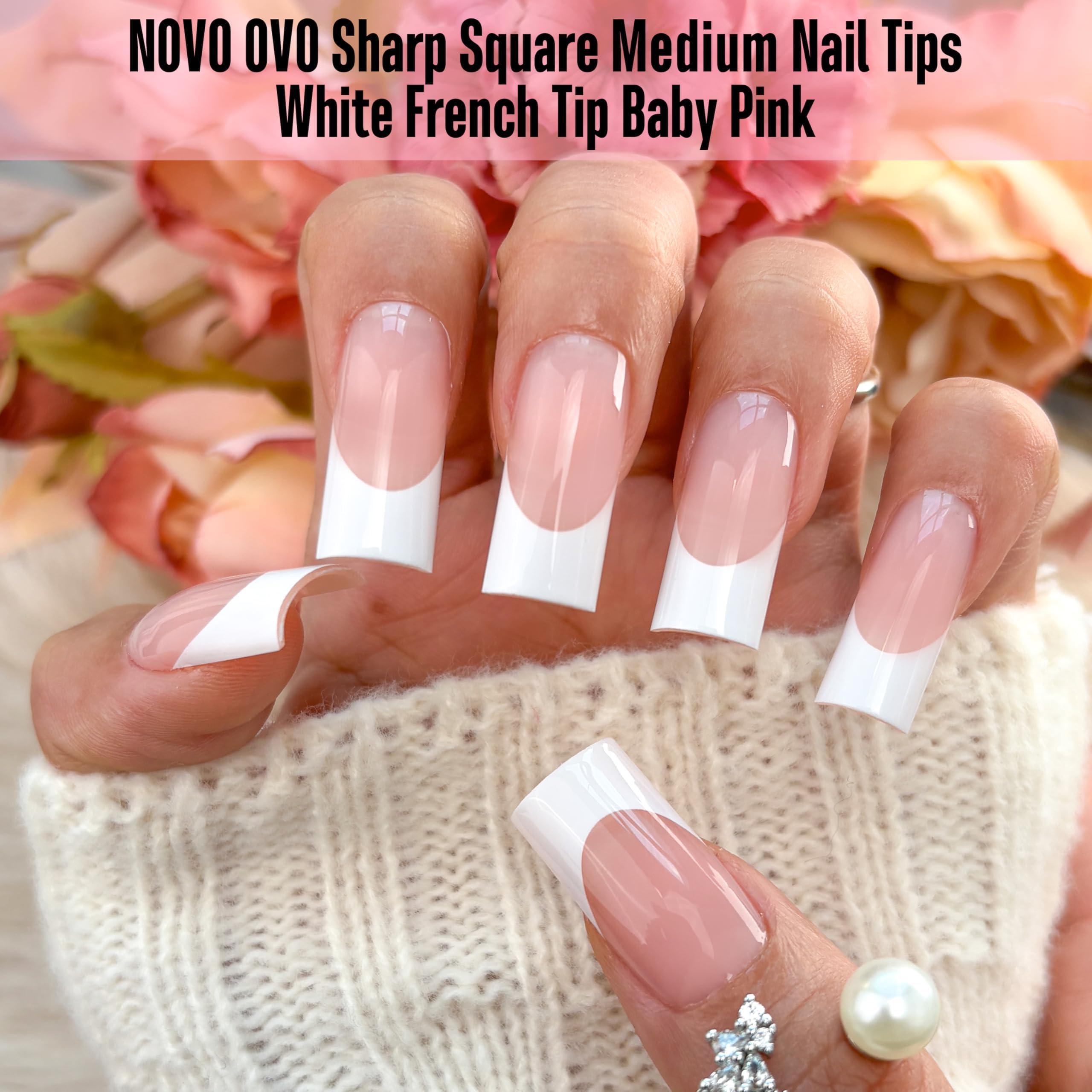 NOVO OVO Medium Sharp Square White French Tip Nail Tips – Baby Pink, Extra Thick Builder Gel & Top Coat, 180 pc